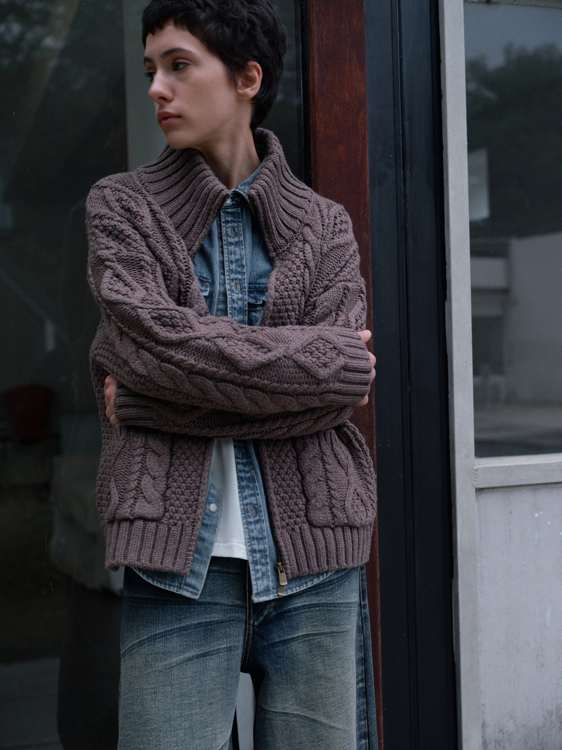 Wool Stand Collar Cable Knit Zip-Front Sweater Coat mocha marle