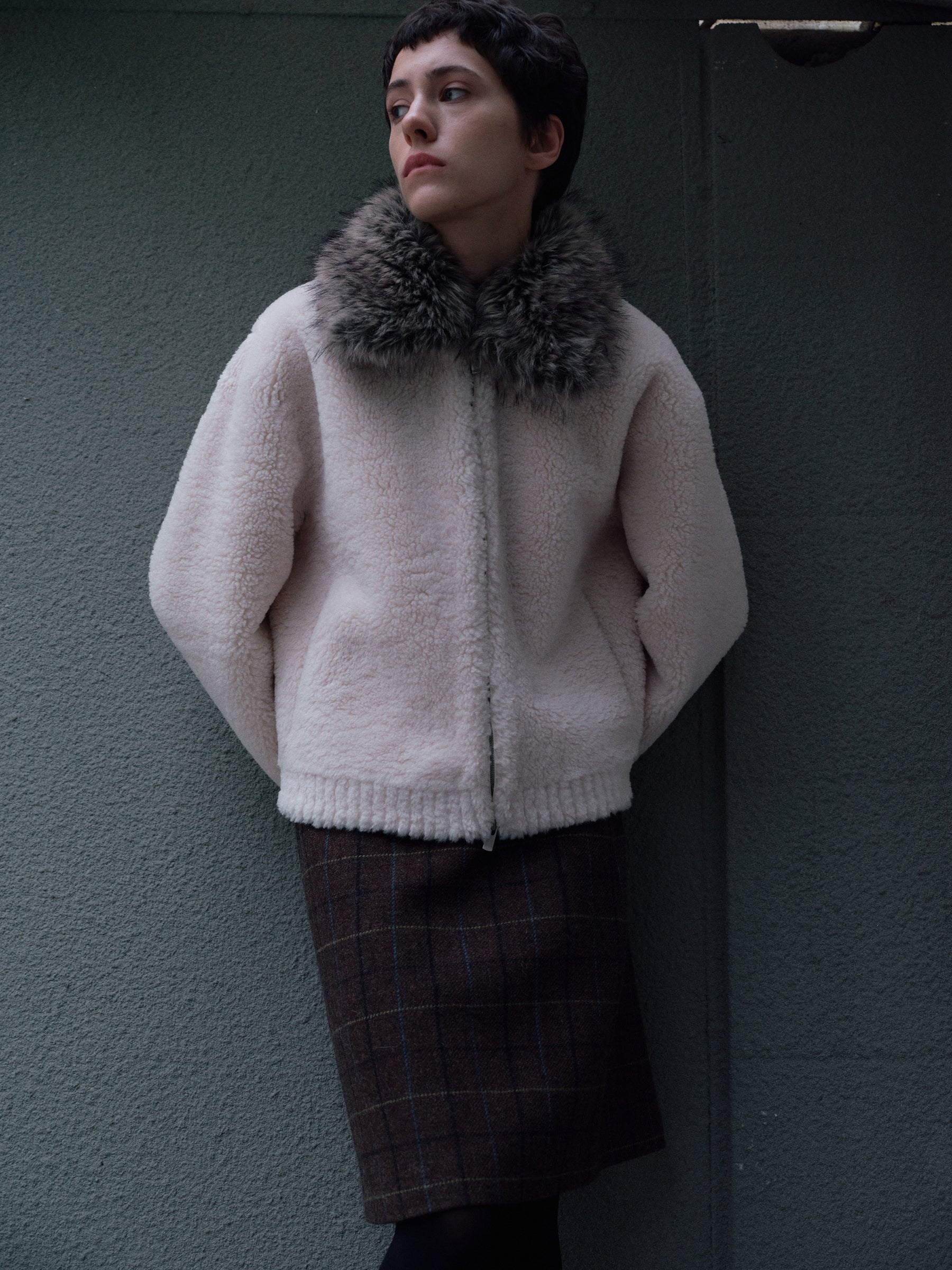 Detachable Faux Fur Collar Shearling Jacket cream