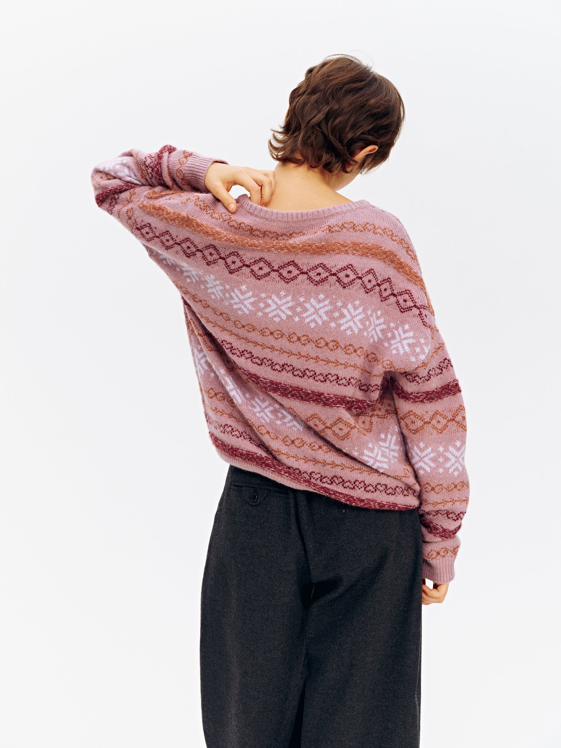 Alpaca Fair Isle V-Neck Drop-Shoulder Sweater dusty pink