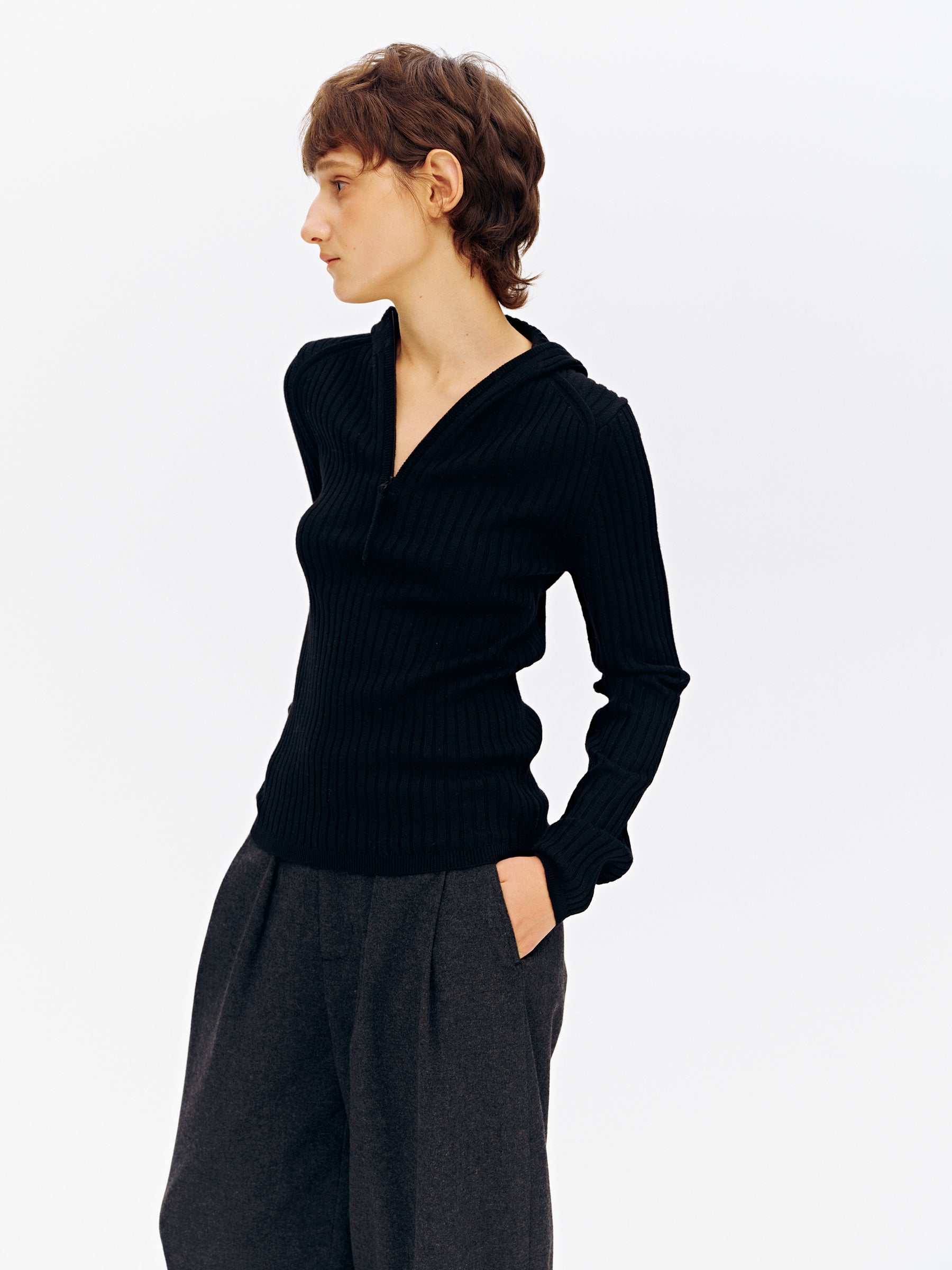 Hooded Half-Zip Ribbed Slim Fit Sweater black