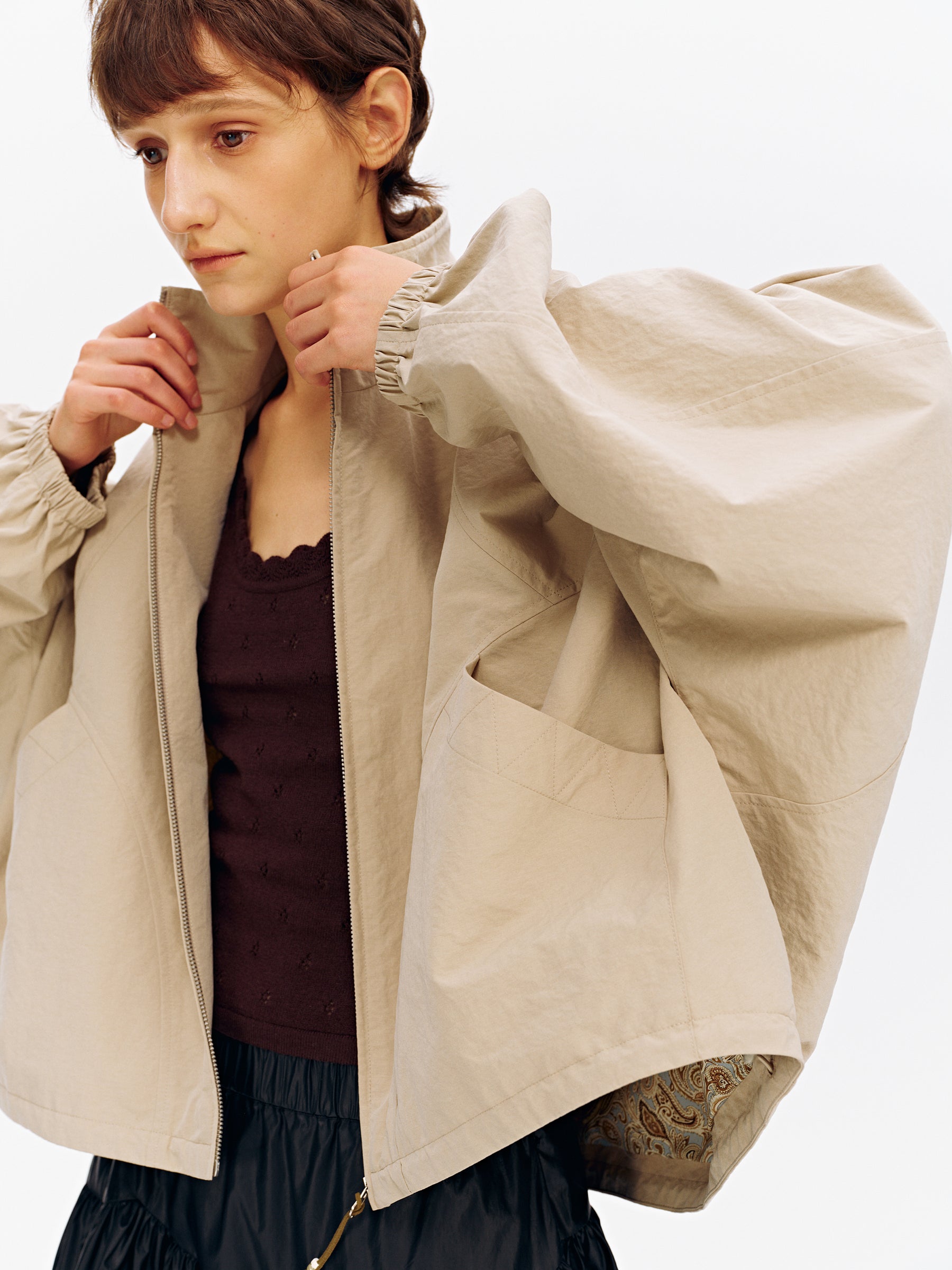 Stand Collar Batwing Sleeve Oversized Jacket Beige