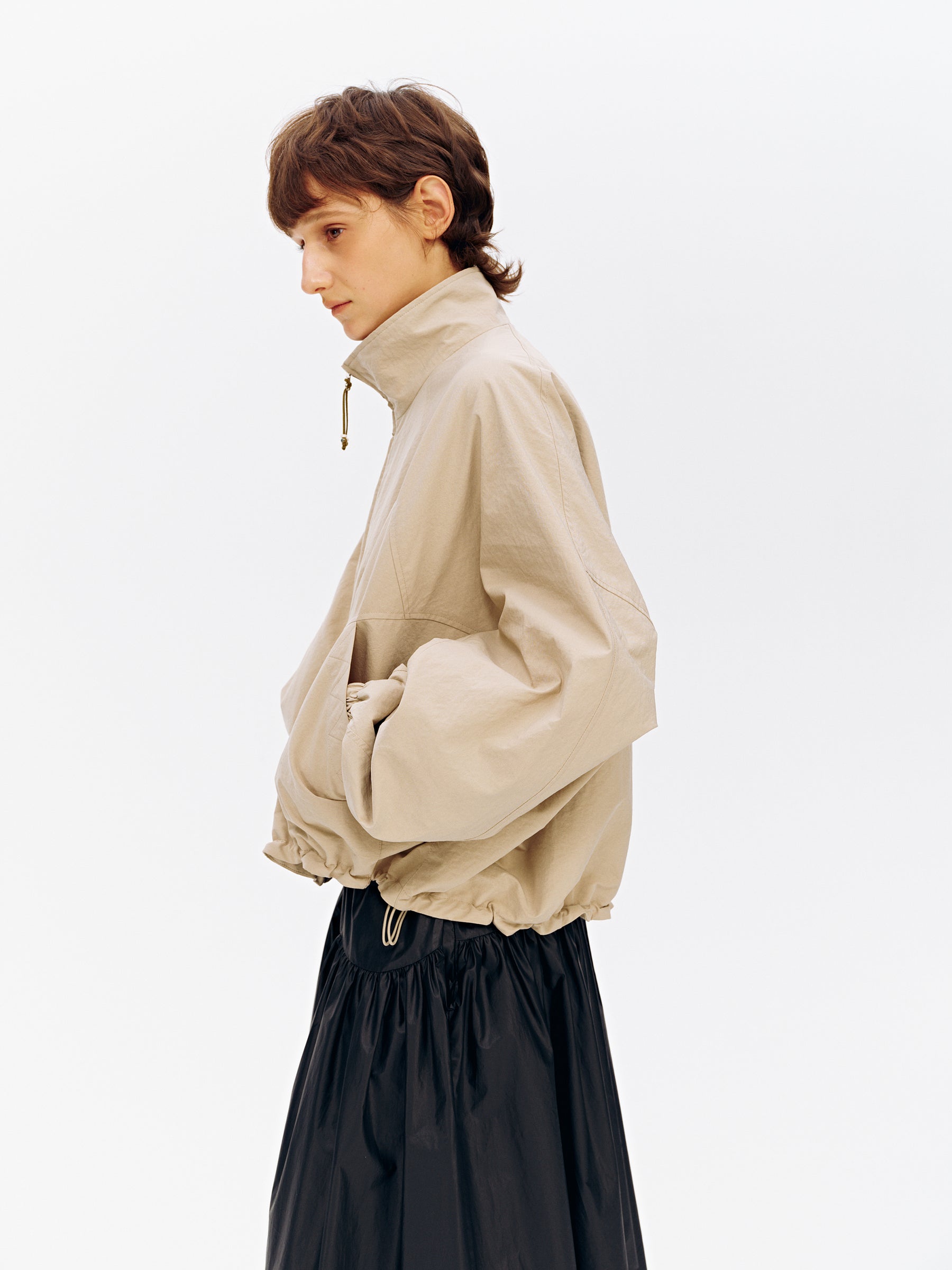 Stand Collar Batwing Sleeve Oversized Jacket Beige