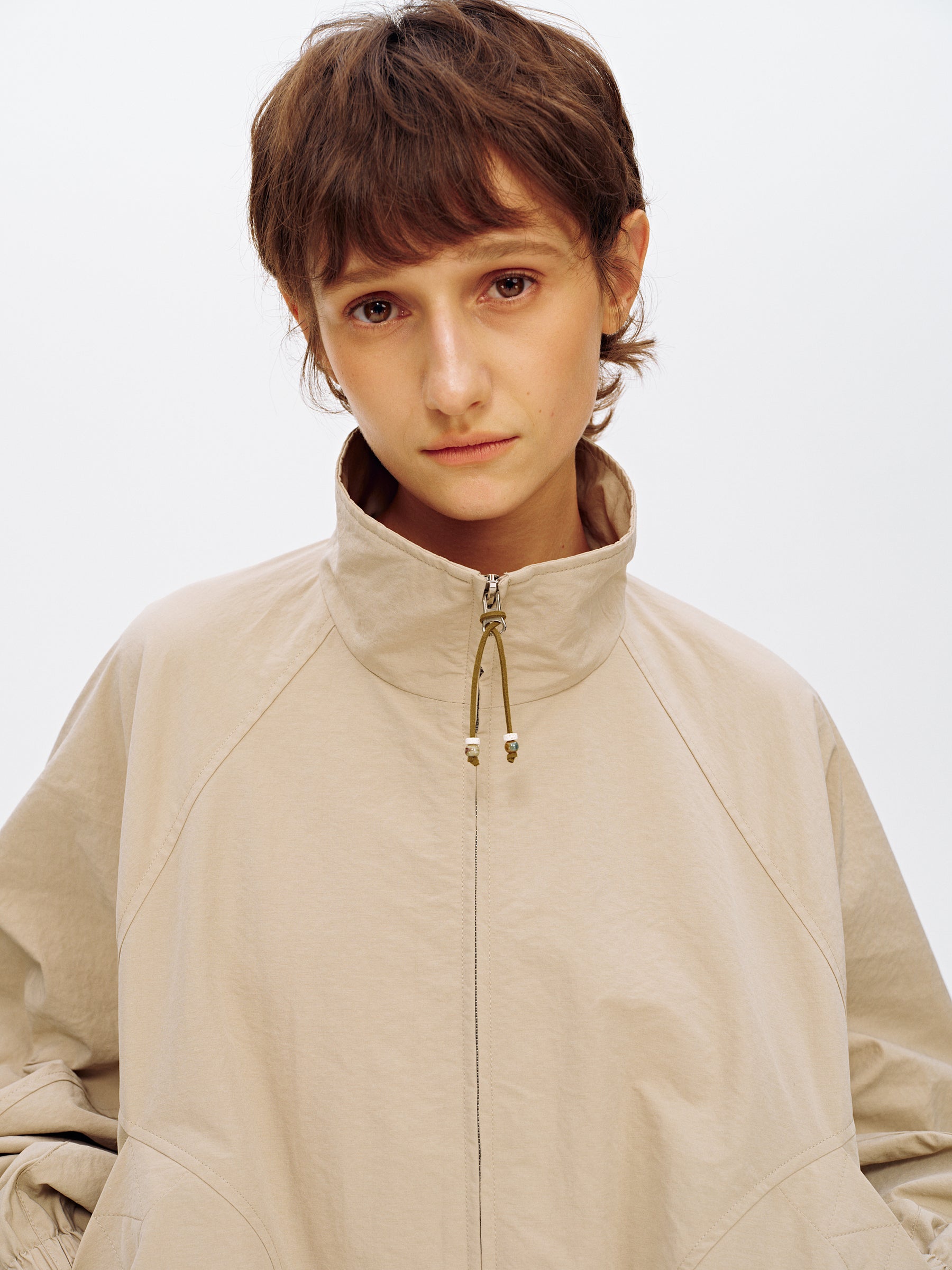 Stand Collar Batwing Sleeve Oversized Jacket Beige
