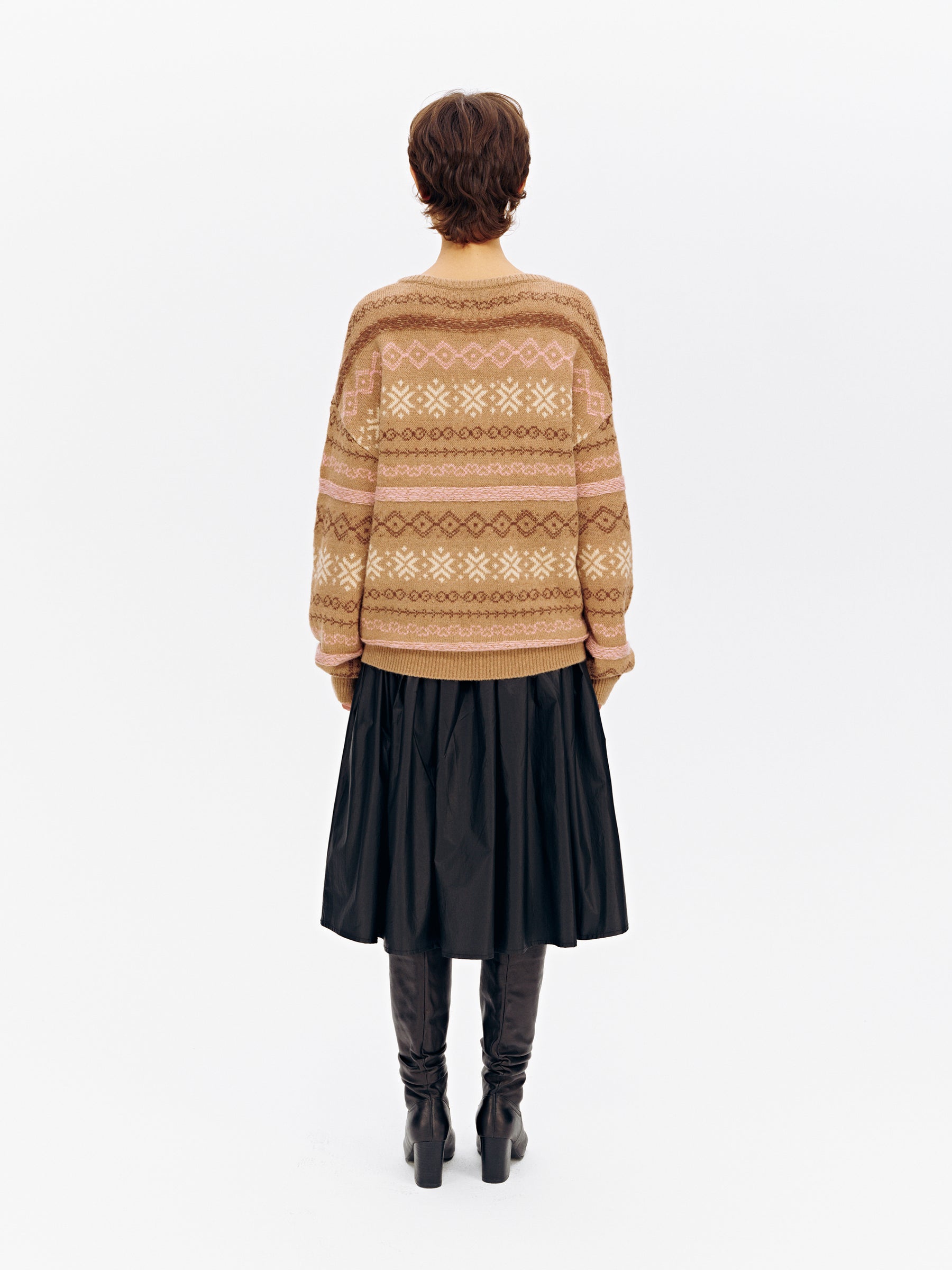 Alpaca Fair Isle V-Neck Drop-Shoulder Sweater camel