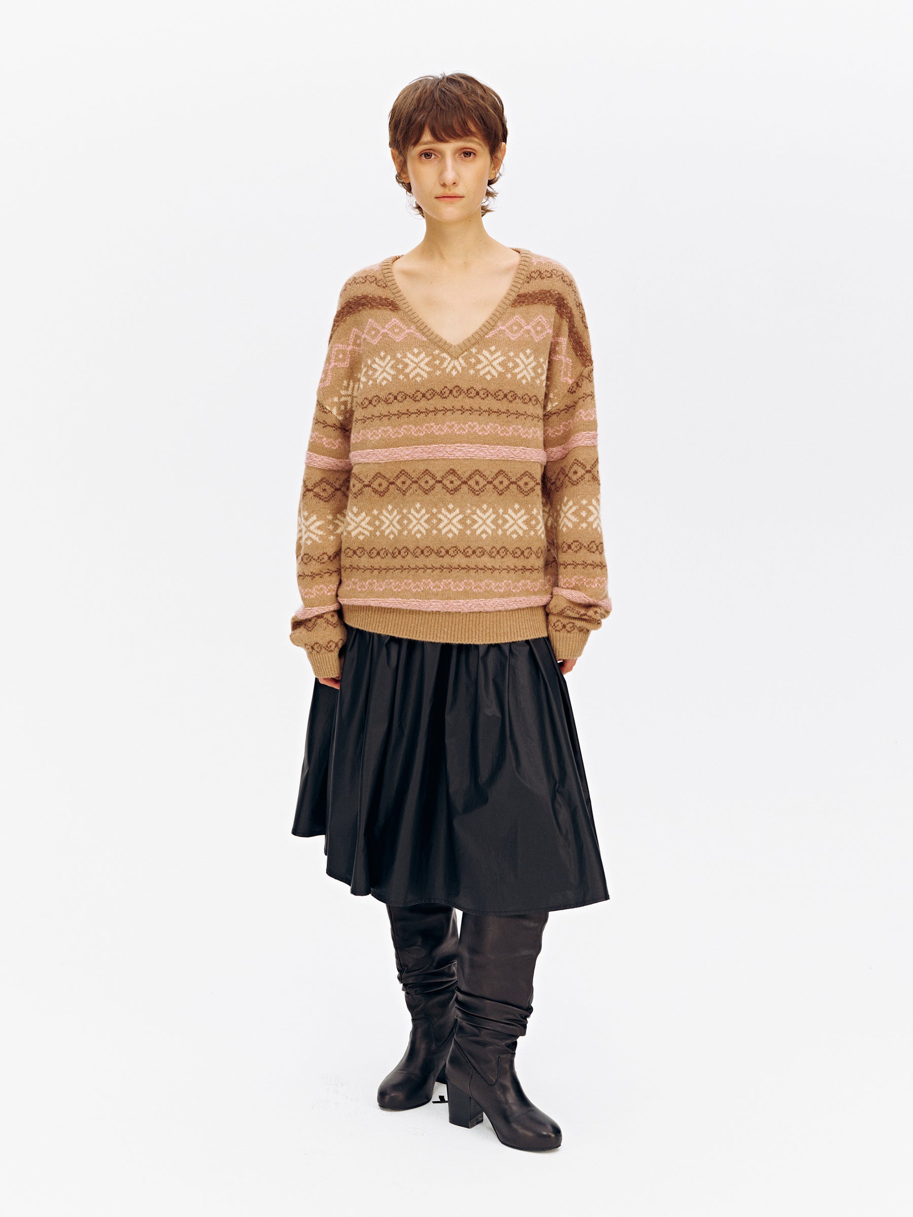 Alpaca Fair Isle V-Neck Drop-Shoulder Sweater camel