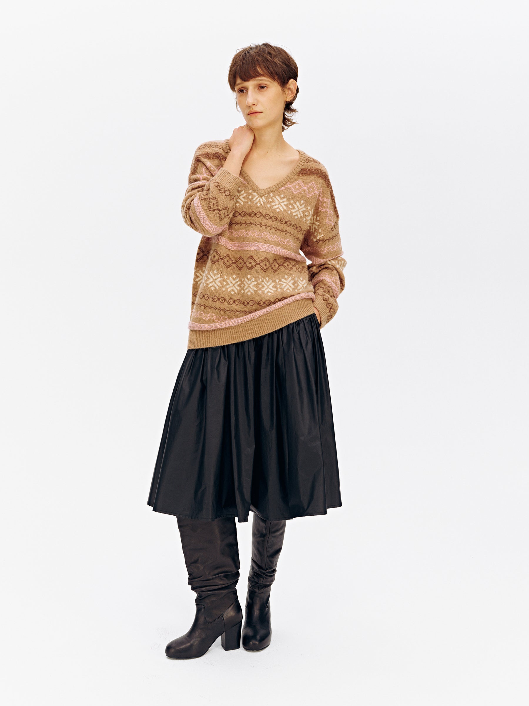 Alpaca Fair Isle V-Neck Drop-Shoulder Sweater camel