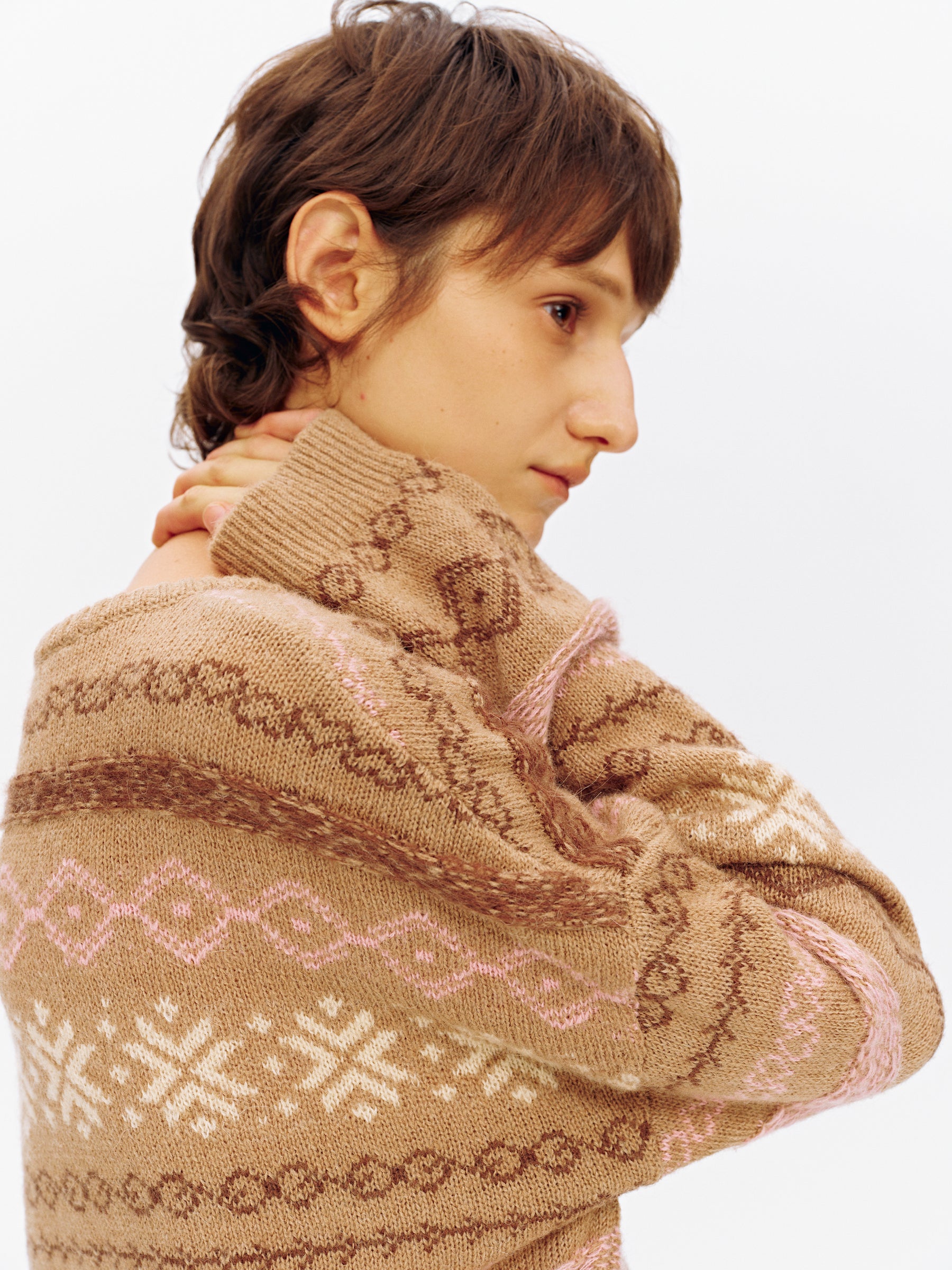 Alpaca Fair Isle V-Neck Drop-Shoulder Sweater camel