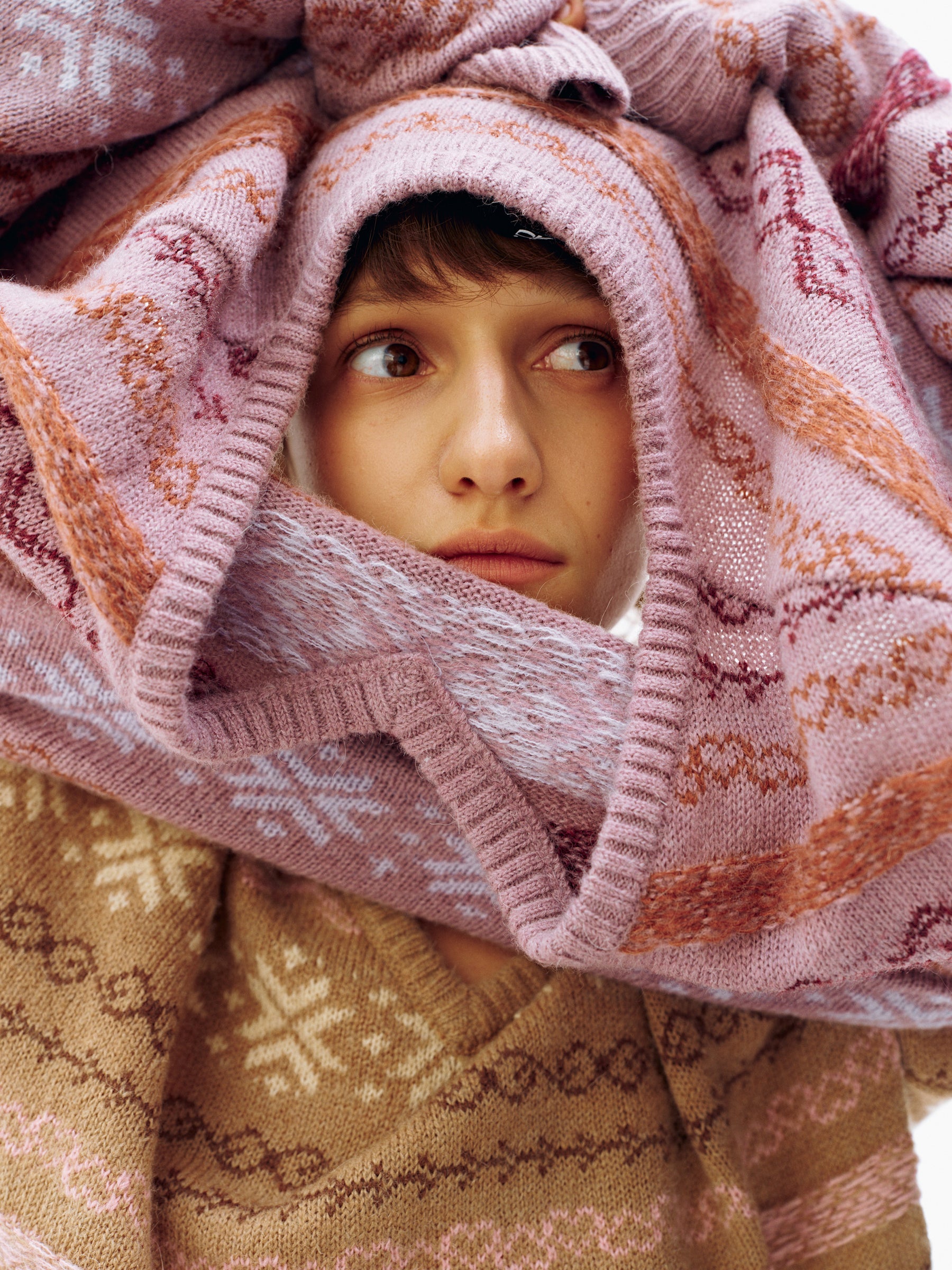 Alpaca Fair Isle V-Neck Drop-Shoulder Sweater camel