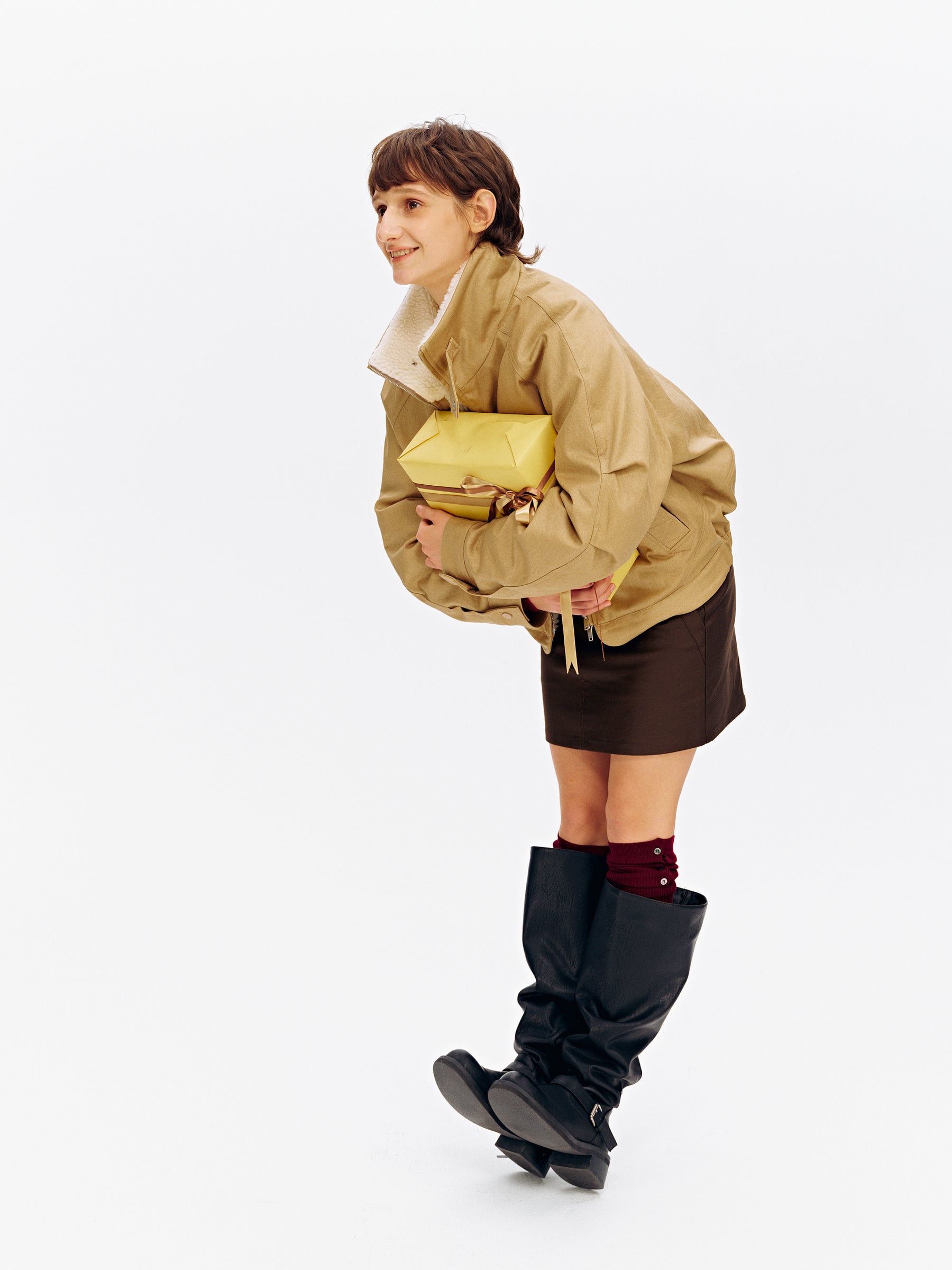 Stand Collar Patchwork Shearling Heavyweight Parka Puffer khaki
