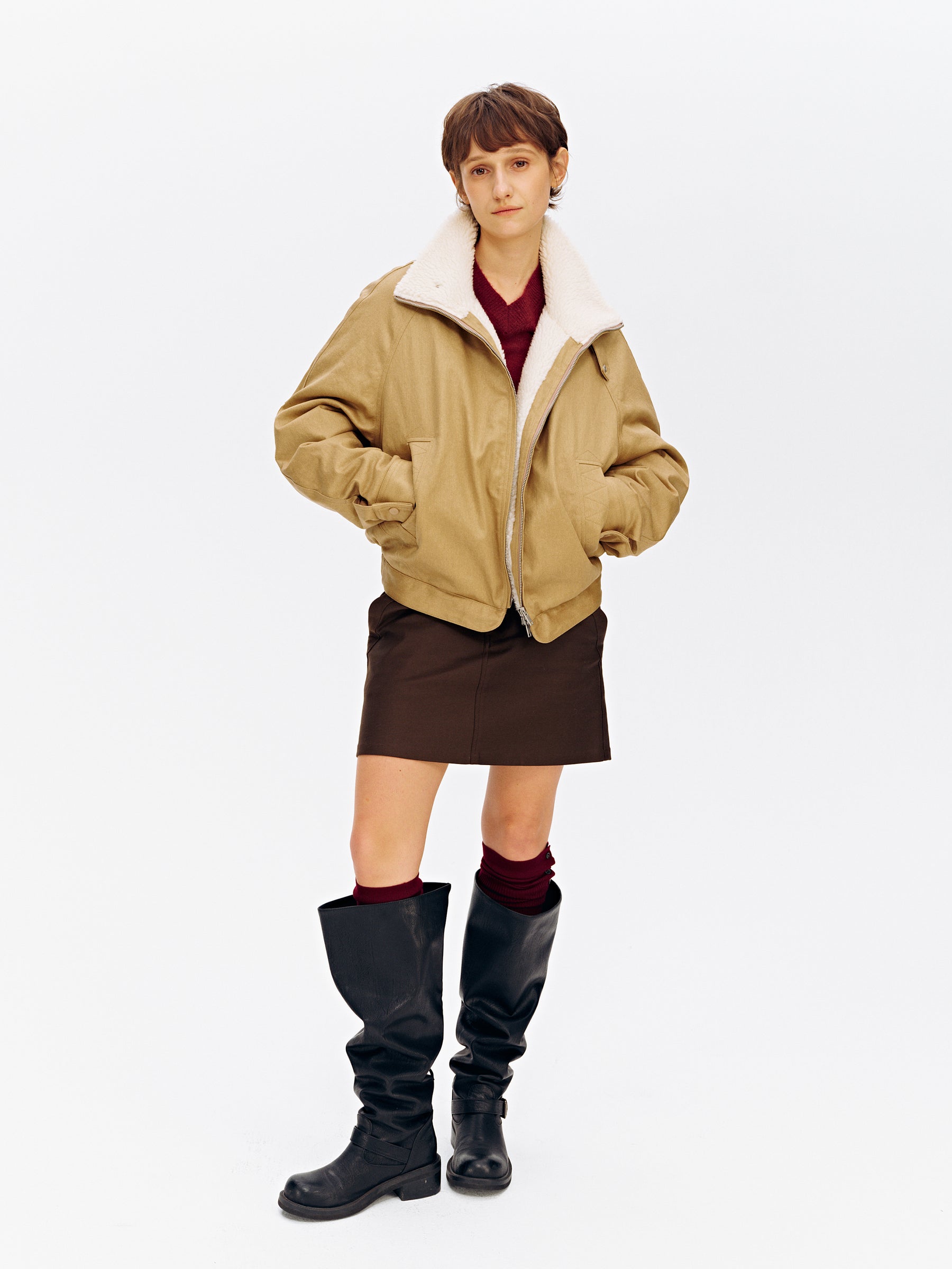 Stand Collar Patchwork Shearling Heavyweight Parka Puffer khaki