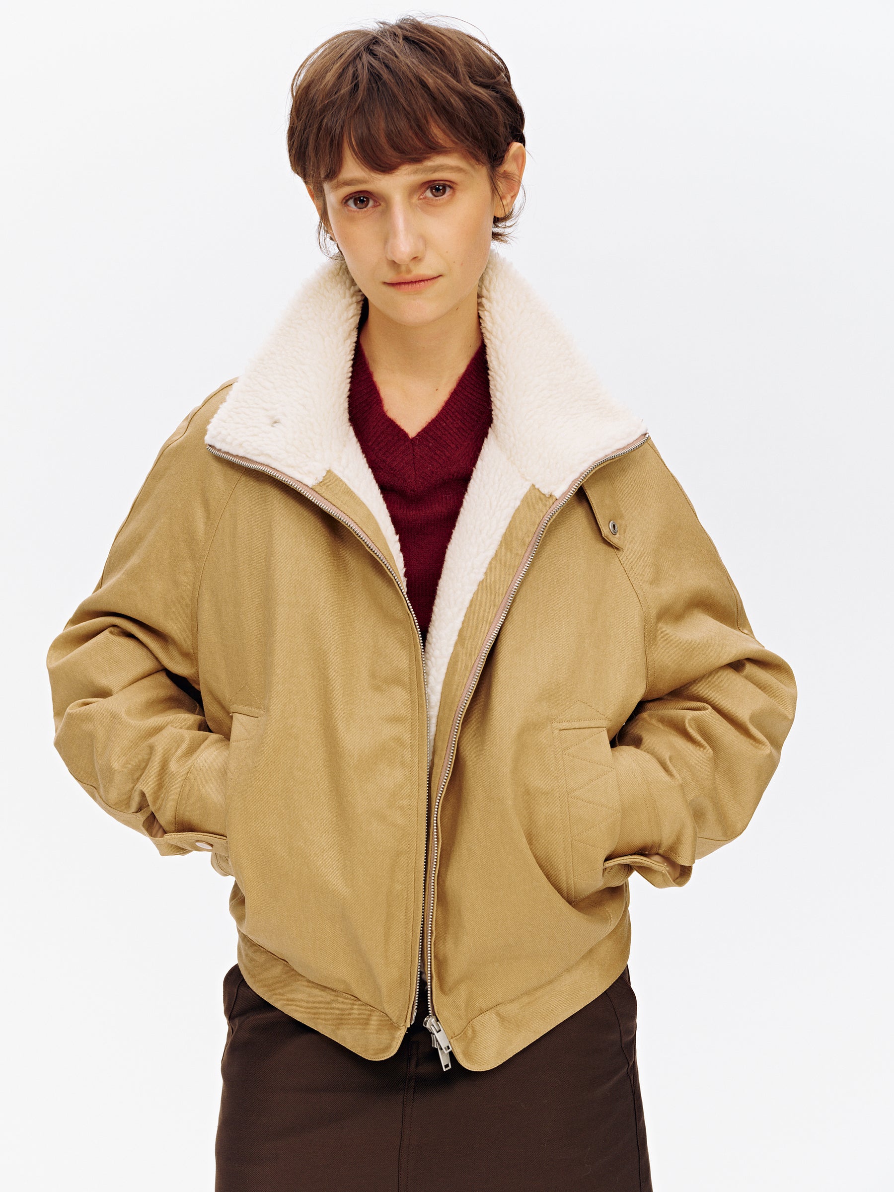 Stand Collar Patchwork Shearling Heavyweight Parka Puffer khaki