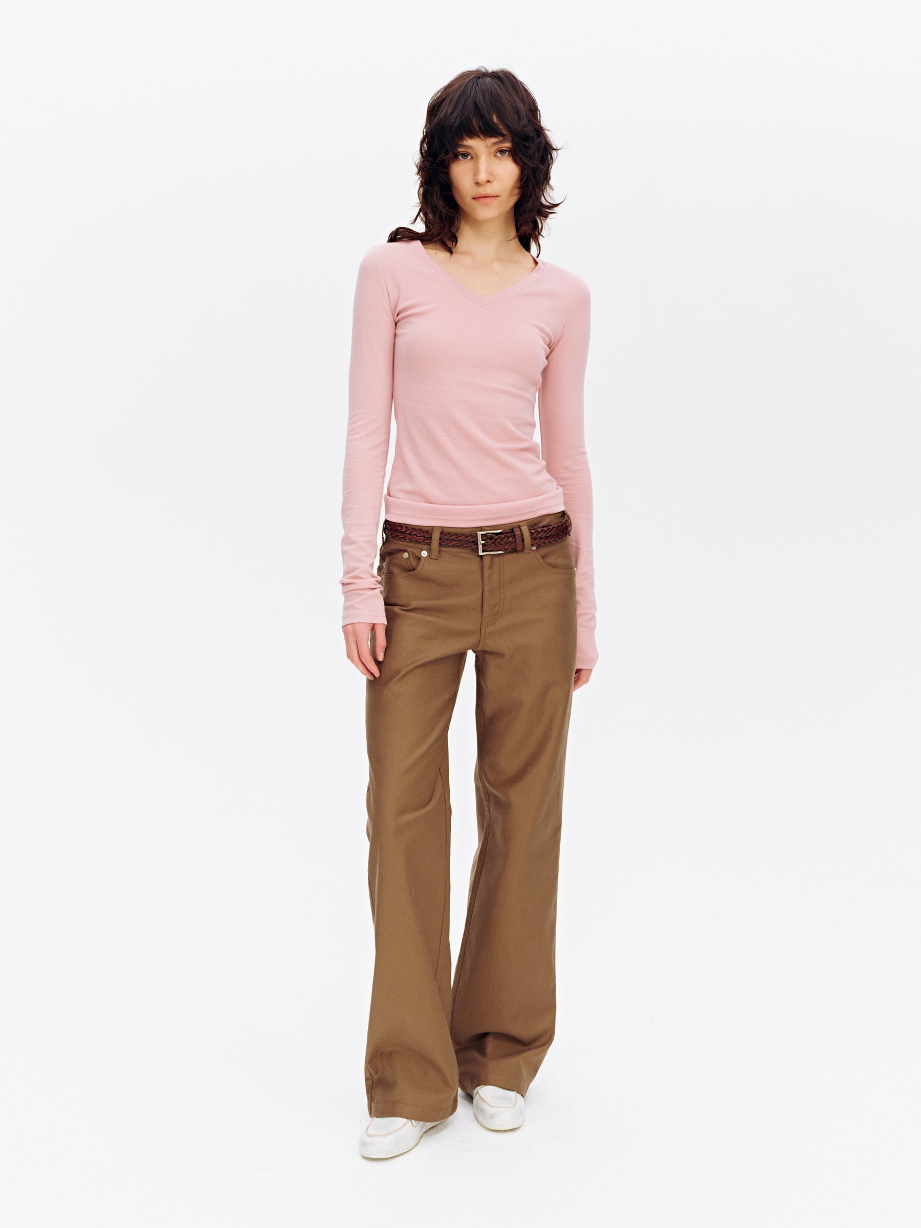 Lyocell V-Neck Slim-Fit Stretch Long-Sleeve Tee Pink