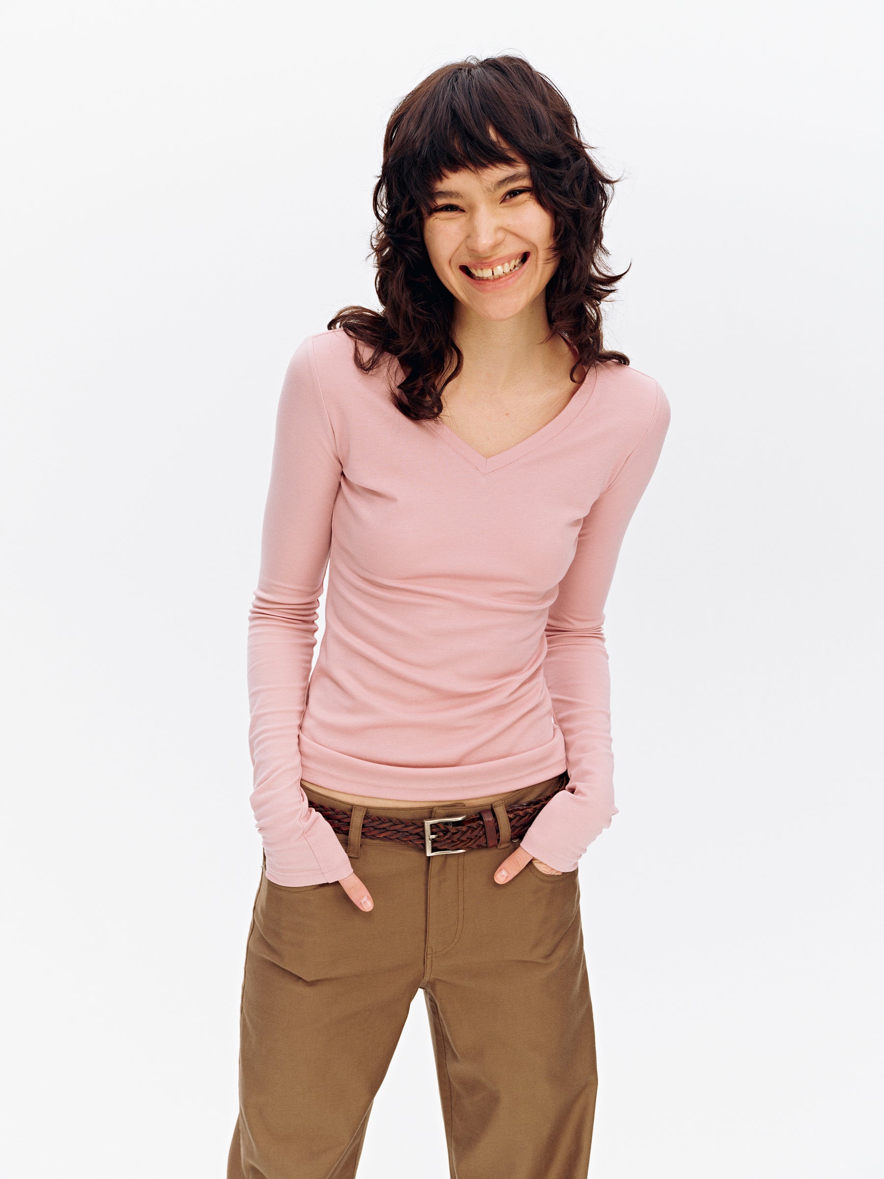 Lyocell V-Neck Slim-Fit Stretch Long-Sleeve Tee Pink