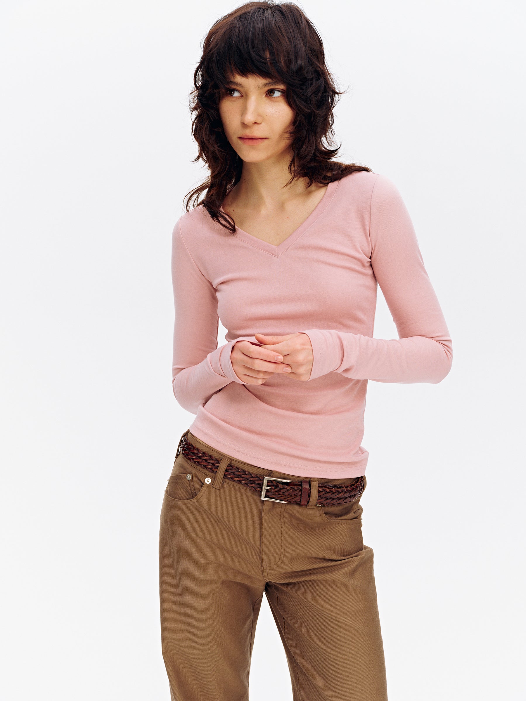 Lyocell V-Neck Slim-Fit Stretch Long-Sleeve Tee Pink