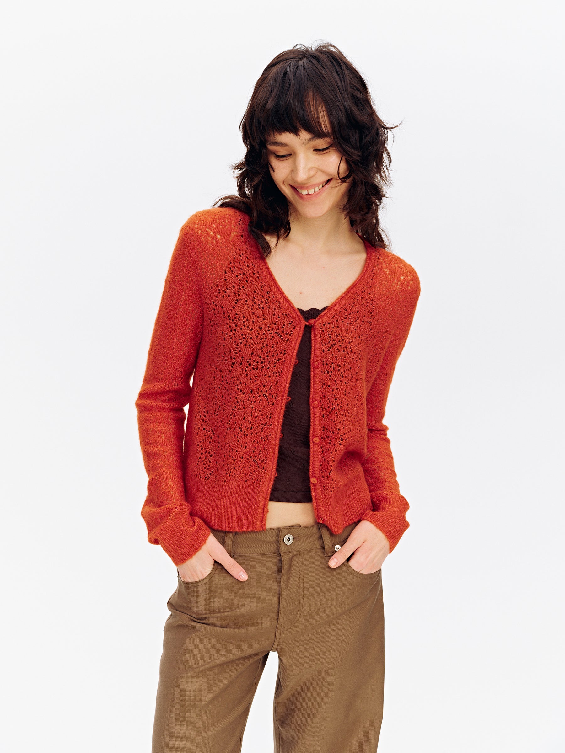 Cashmere-Wool Blend V-Neck Mesh Lightweight Cardigan Orange