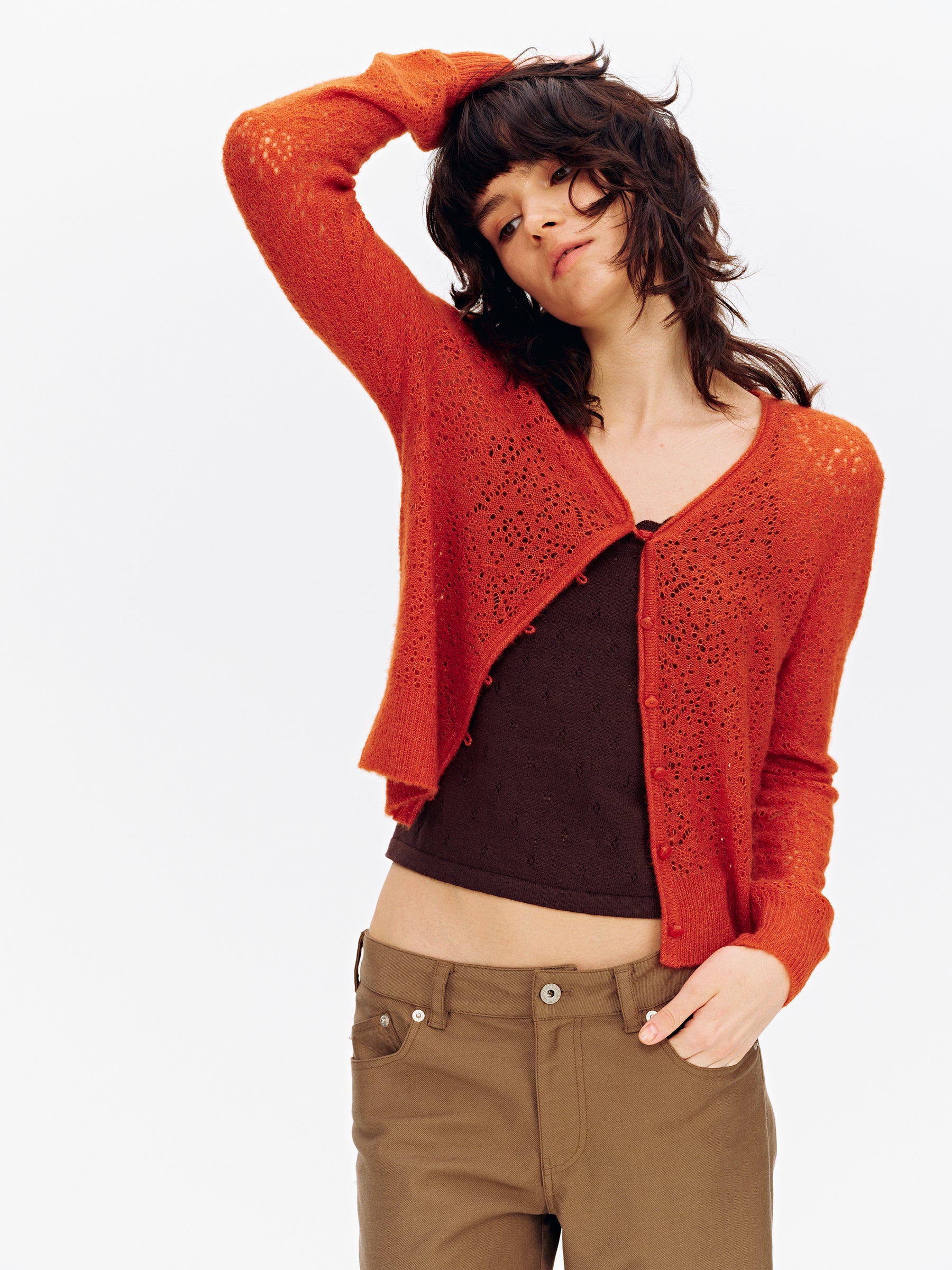 Cashmere-Wool Blend V-Neck Mesh Lightweight Cardigan Orange