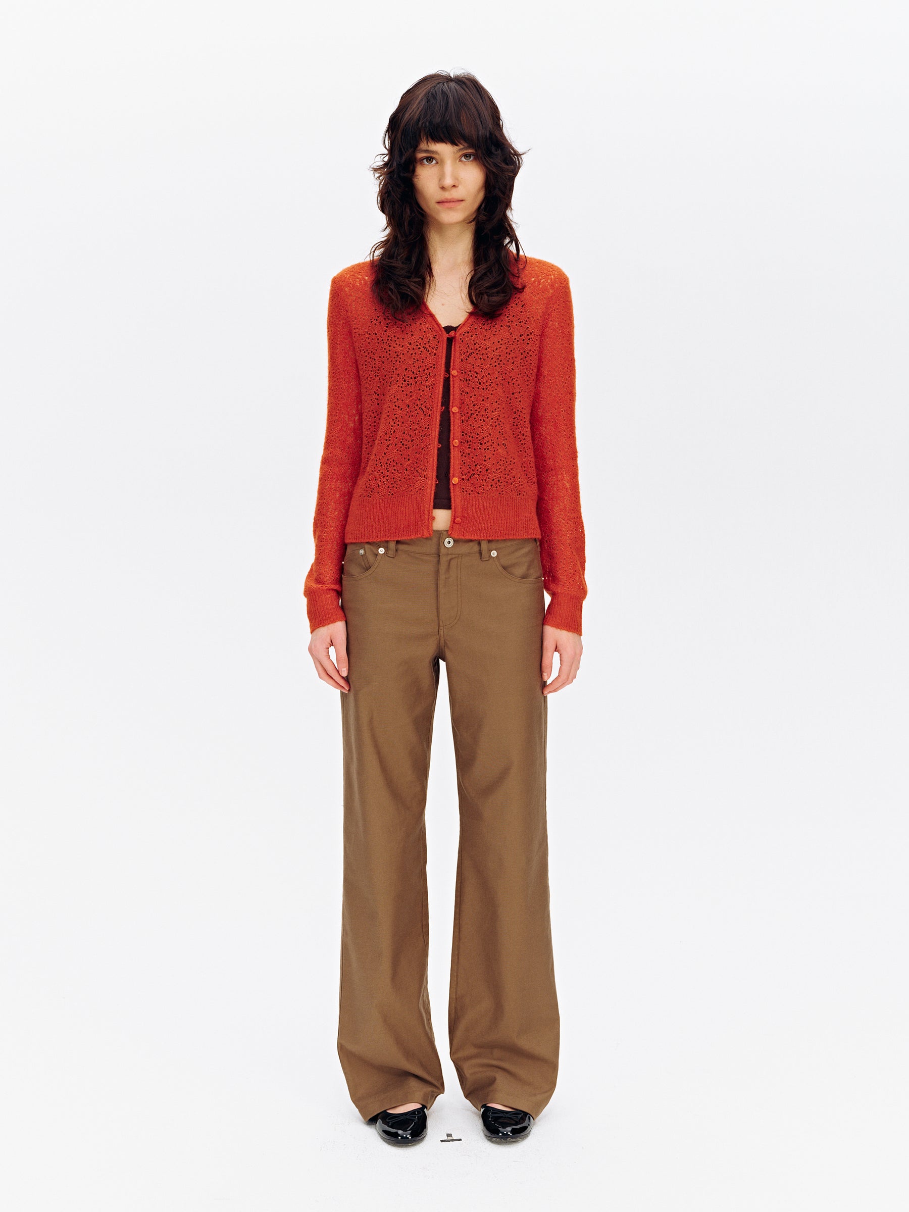 Cashmere-Wool Blend V-Neck Mesh Lightweight Cardigan Orange