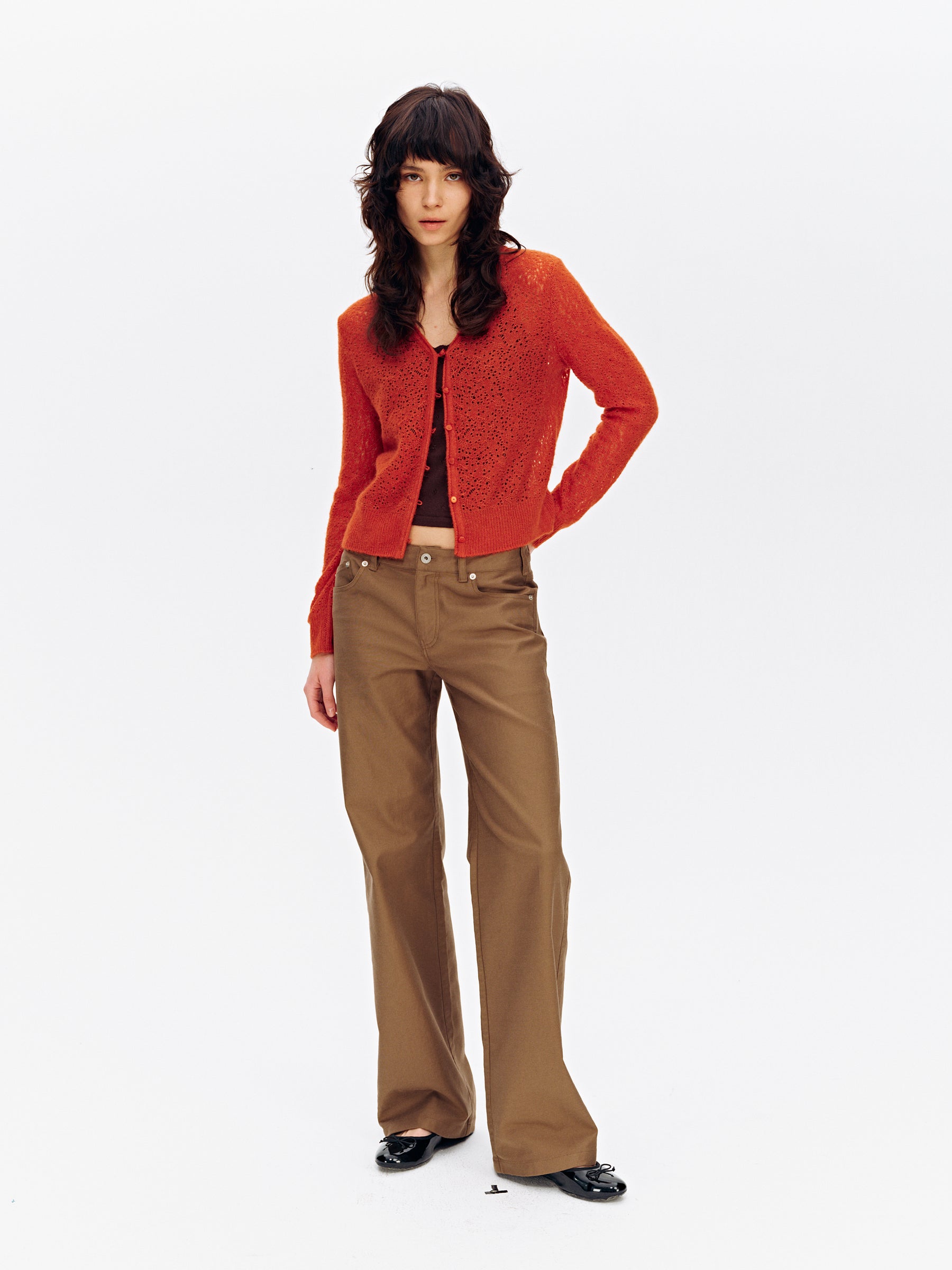 Low-Rise Cotton Washed Soft Straight-Leg Casual Pants Dark Khaki