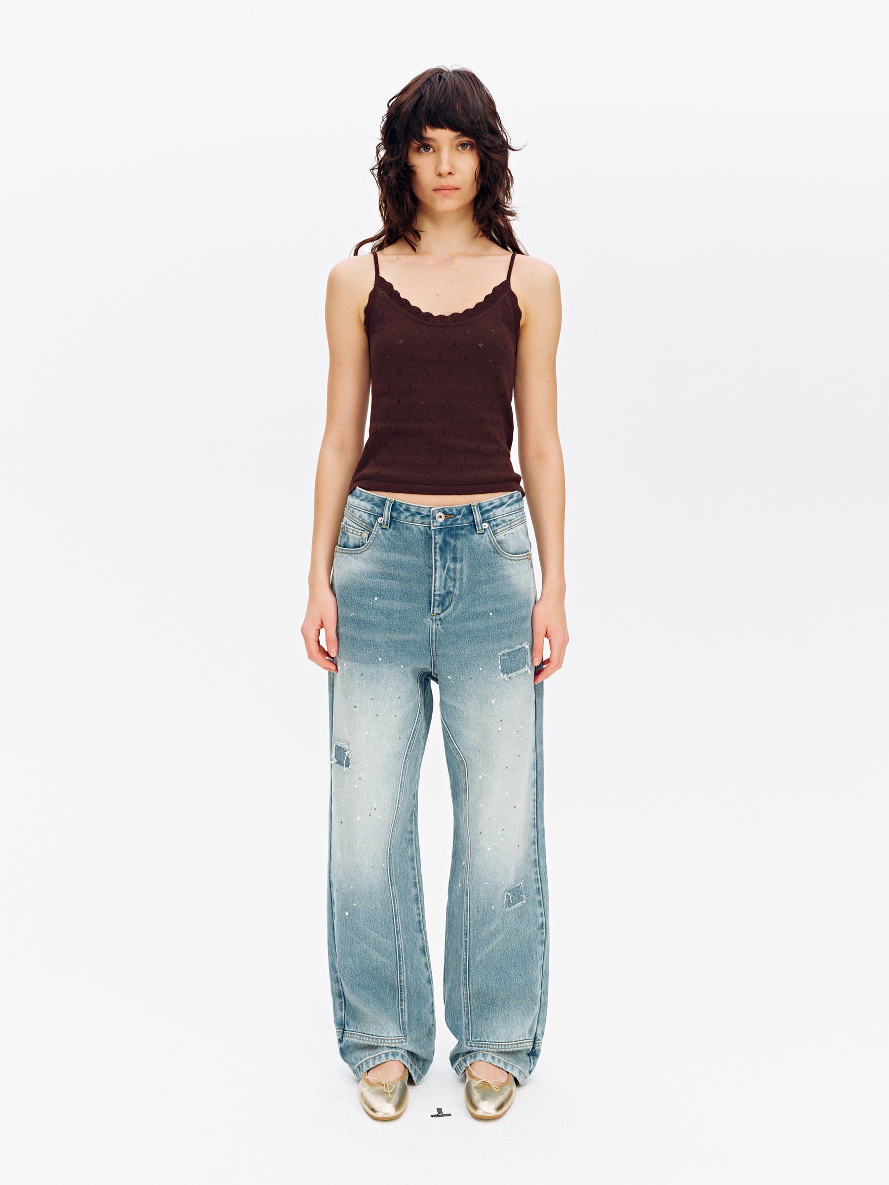 Low-Rise Splatter Paint Patch Washed Straight-Leg Jeans Washed Blue