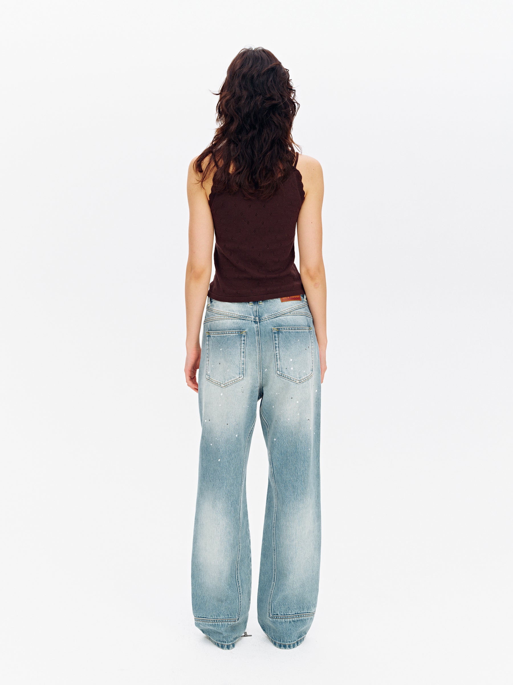 Low-Rise Splatter Paint Patch Washed Straight-Leg Jeans Washed Blue