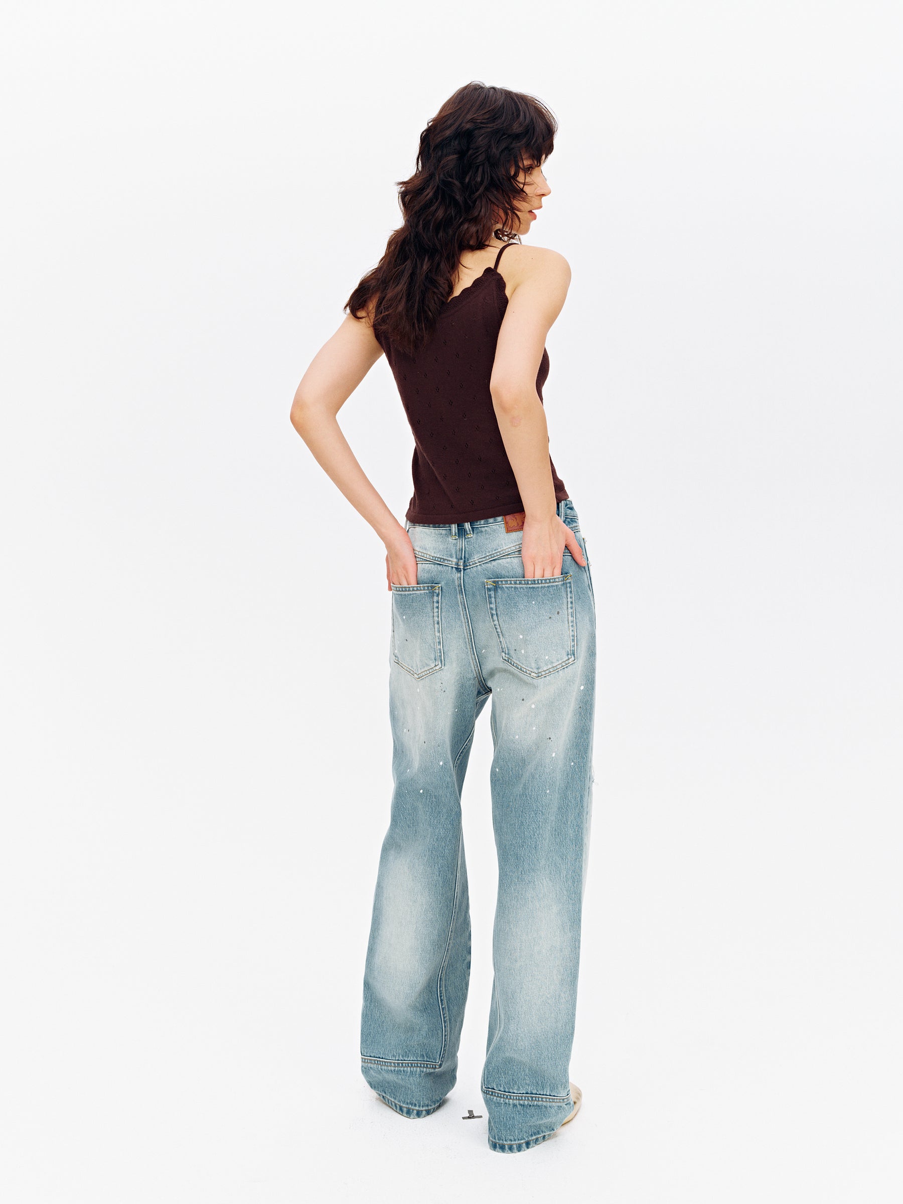 Lace-Knit Mesh Camisole Top Coffee Brown