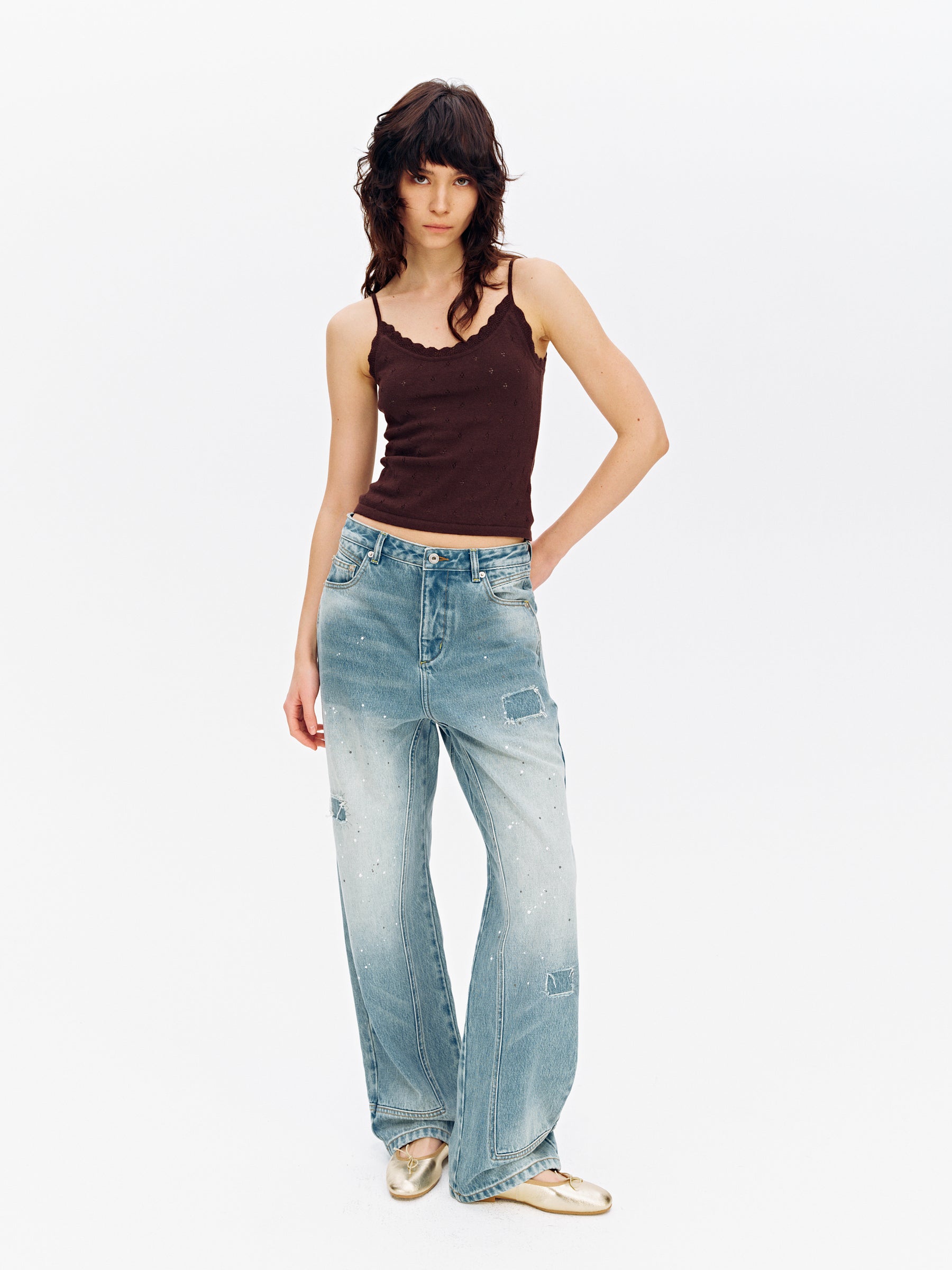 Low-Rise Splatter Paint Patch Washed Straight-Leg Jeans Washed Blue