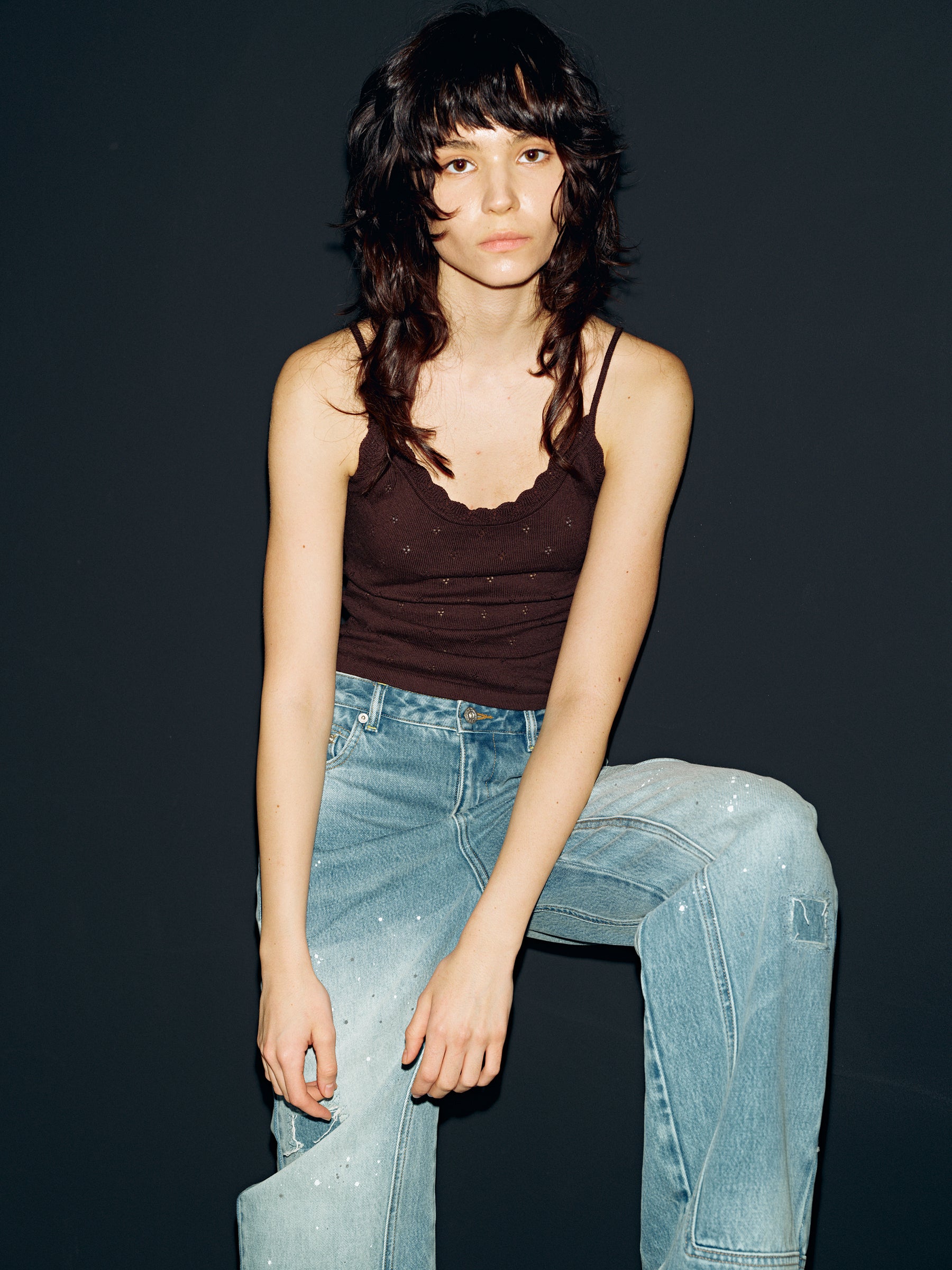 Lace-Knit Mesh Camisole Top Coffee Brown