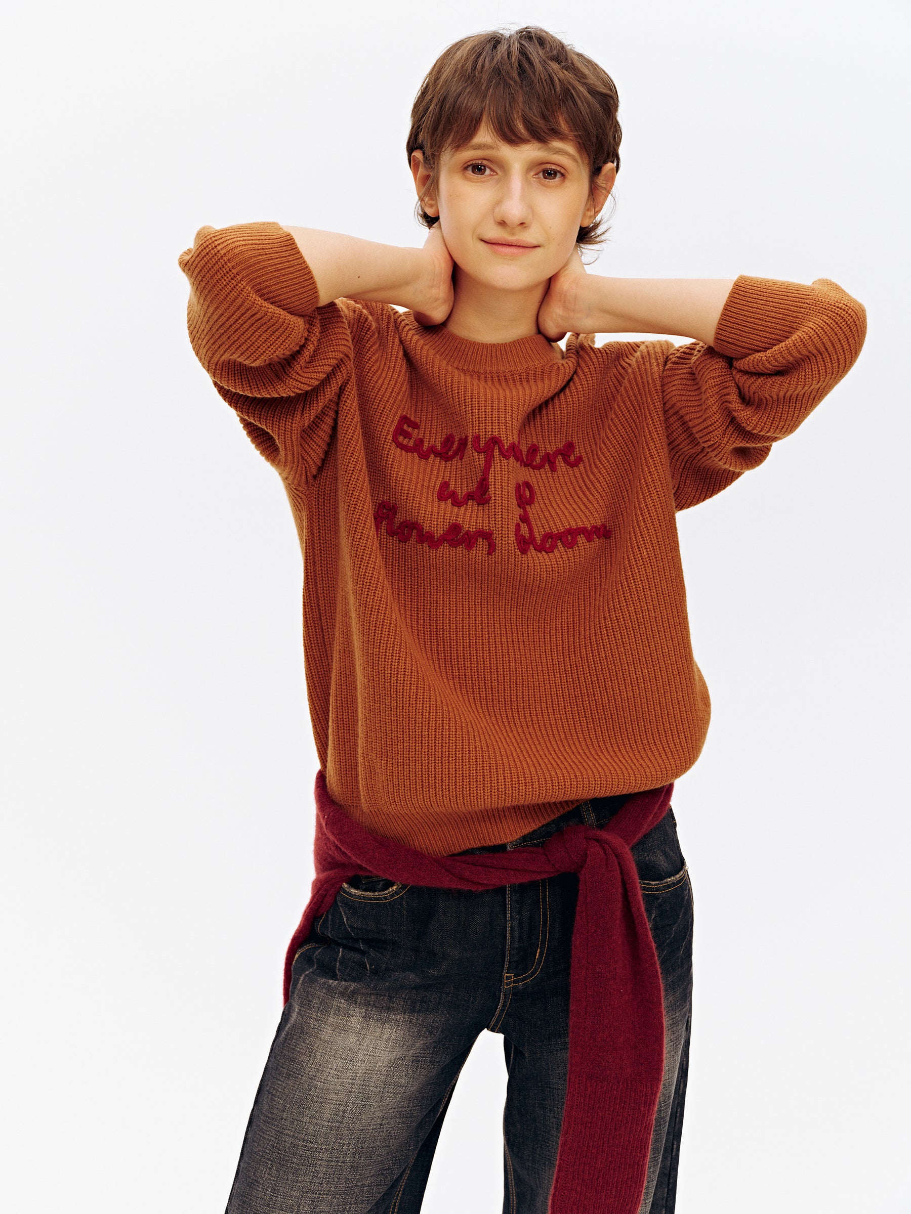 Wool Blend Embroidered Crewneck Chunky Knit Pullover khaki