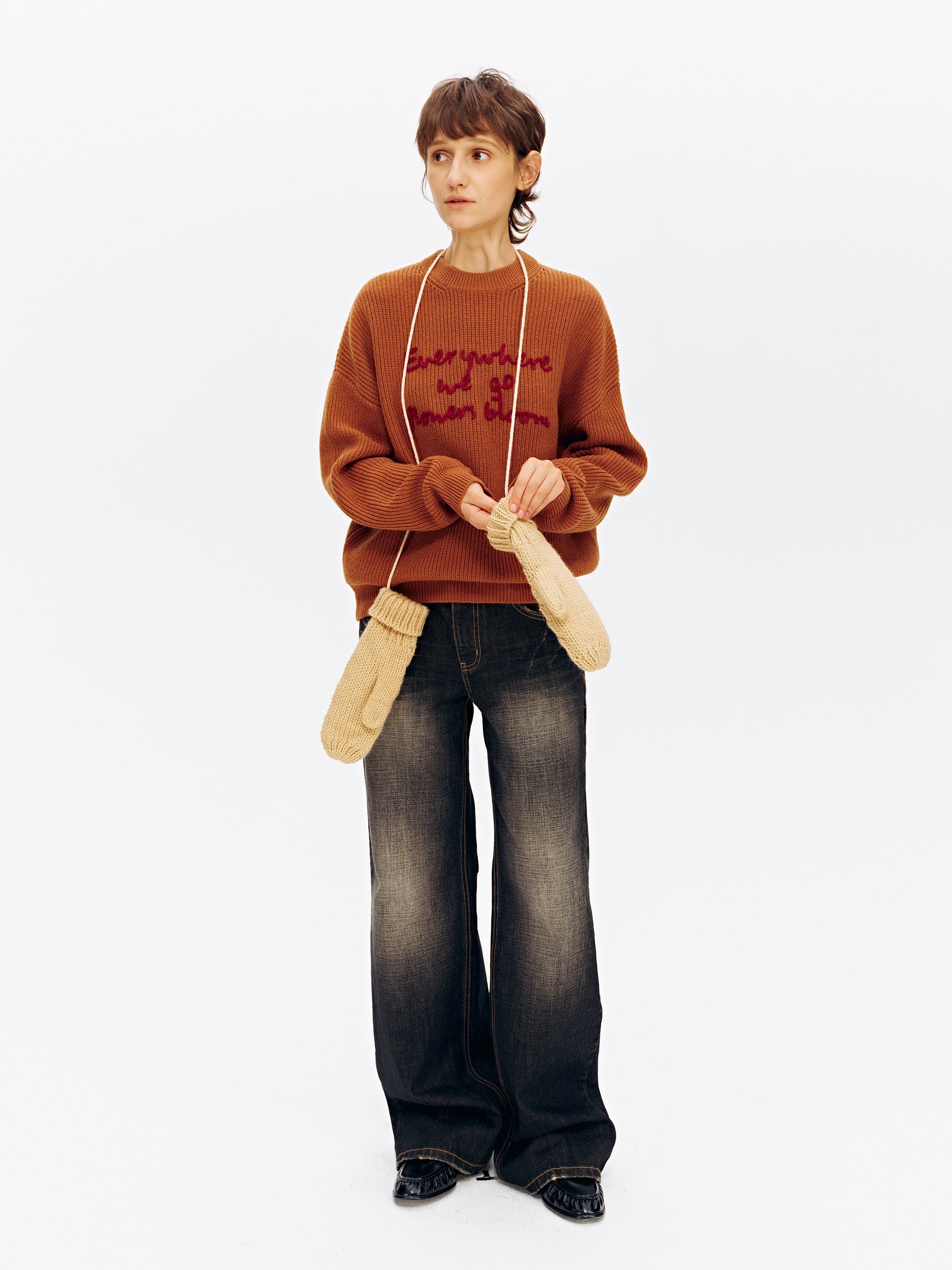 Wool Blend Embroidered Crewneck Chunky Knit Pullover khaki