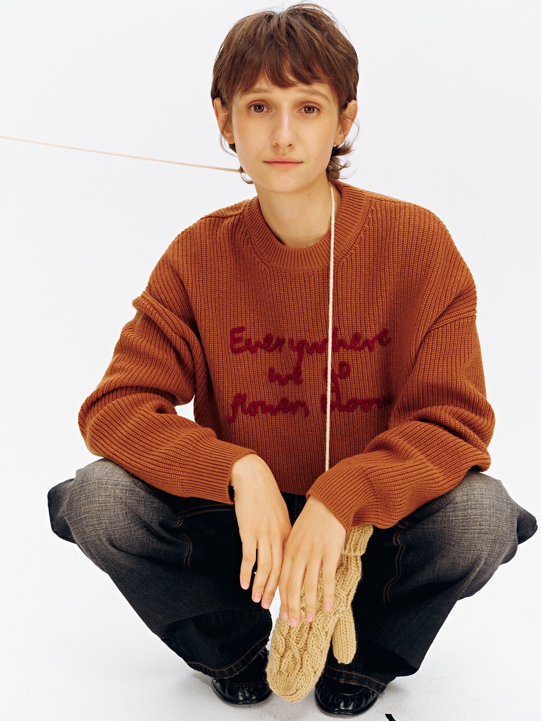 Wool Blend Embroidered Crewneck Chunky Knit Pullover khaki
