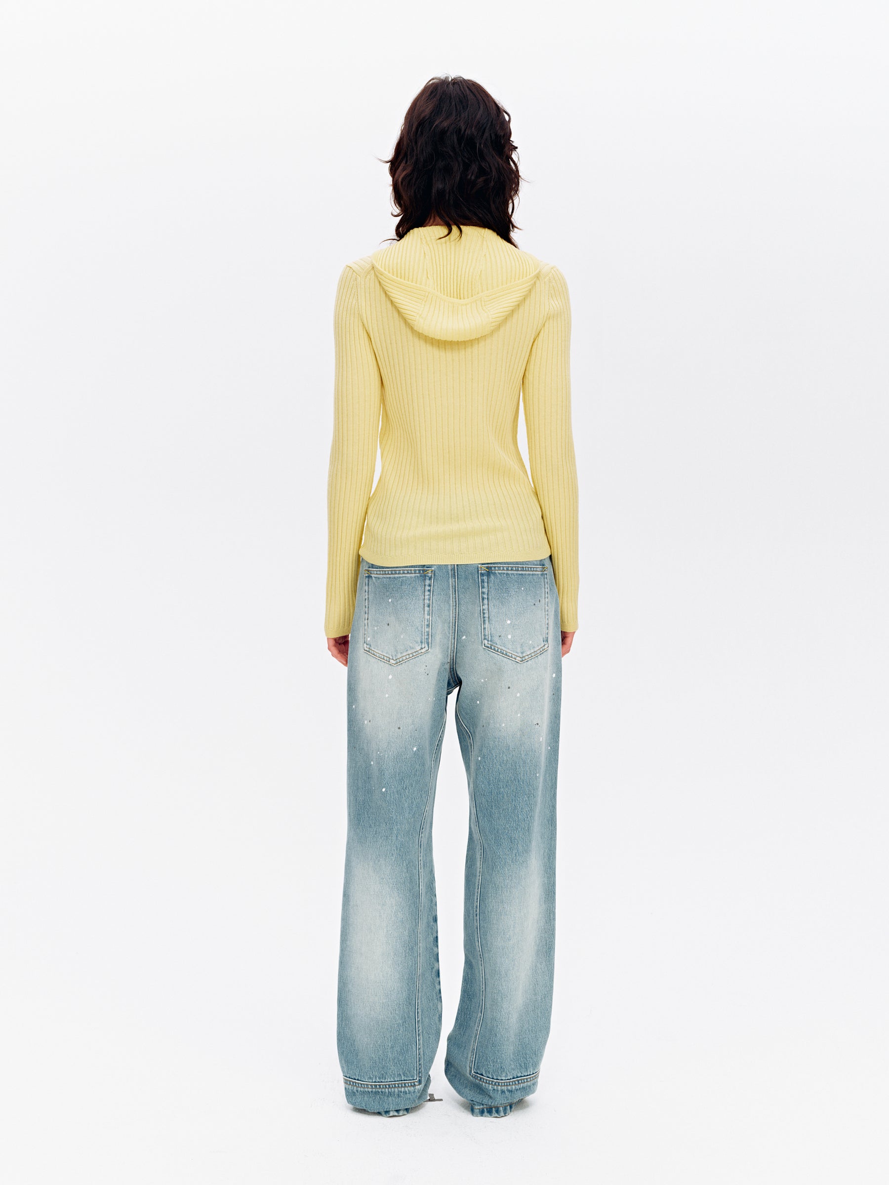 Hooded Half-Zip Ribbed Slim Fit Sweater yellow
