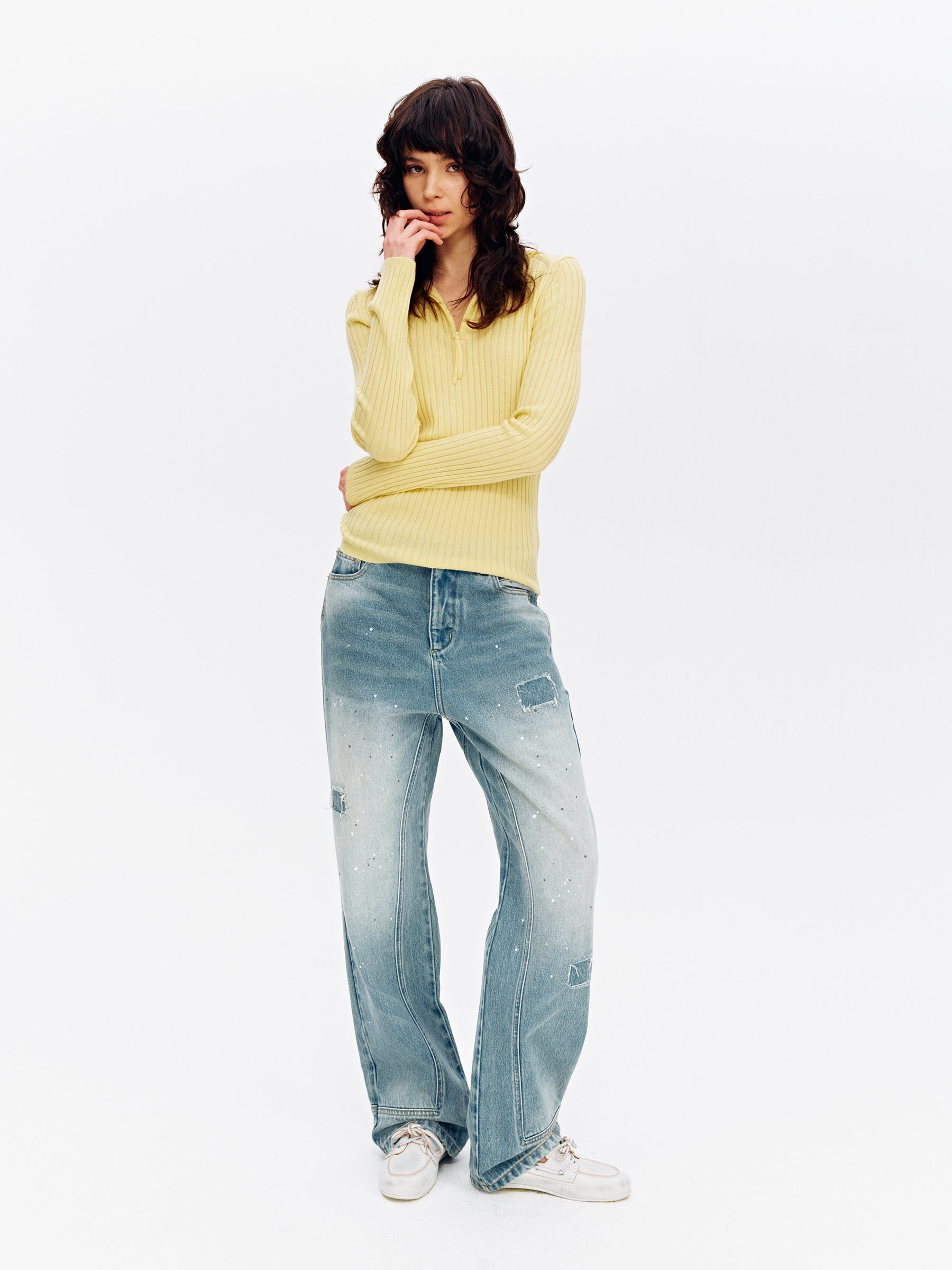 Hooded Half-Zip Ribbed Slim Fit Sweater yellow