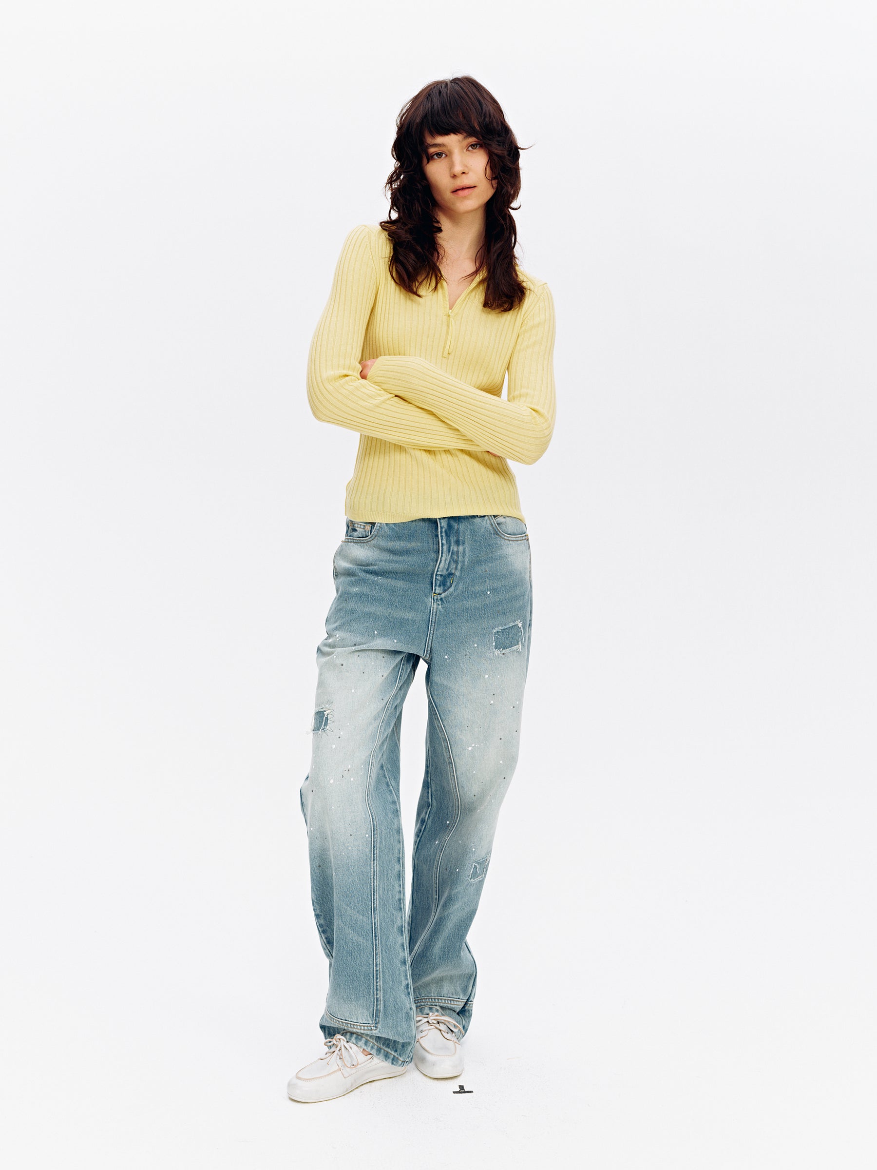 Hooded Half-Zip Ribbed Slim Fit Sweater yellow