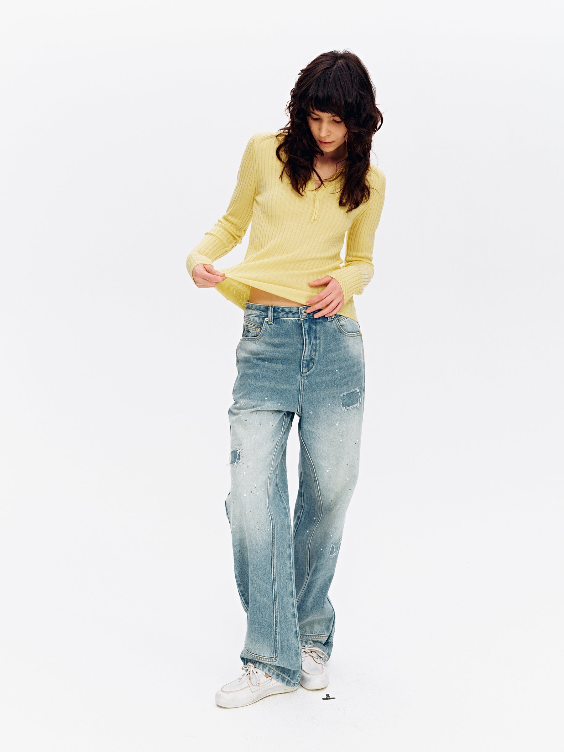 Hooded Half-Zip Ribbed Slim Fit Sweater yellow