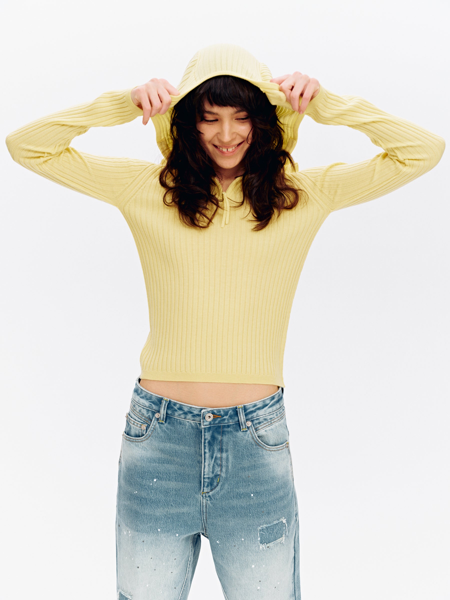 Hooded Half-Zip Ribbed Slim Fit Sweater yellow