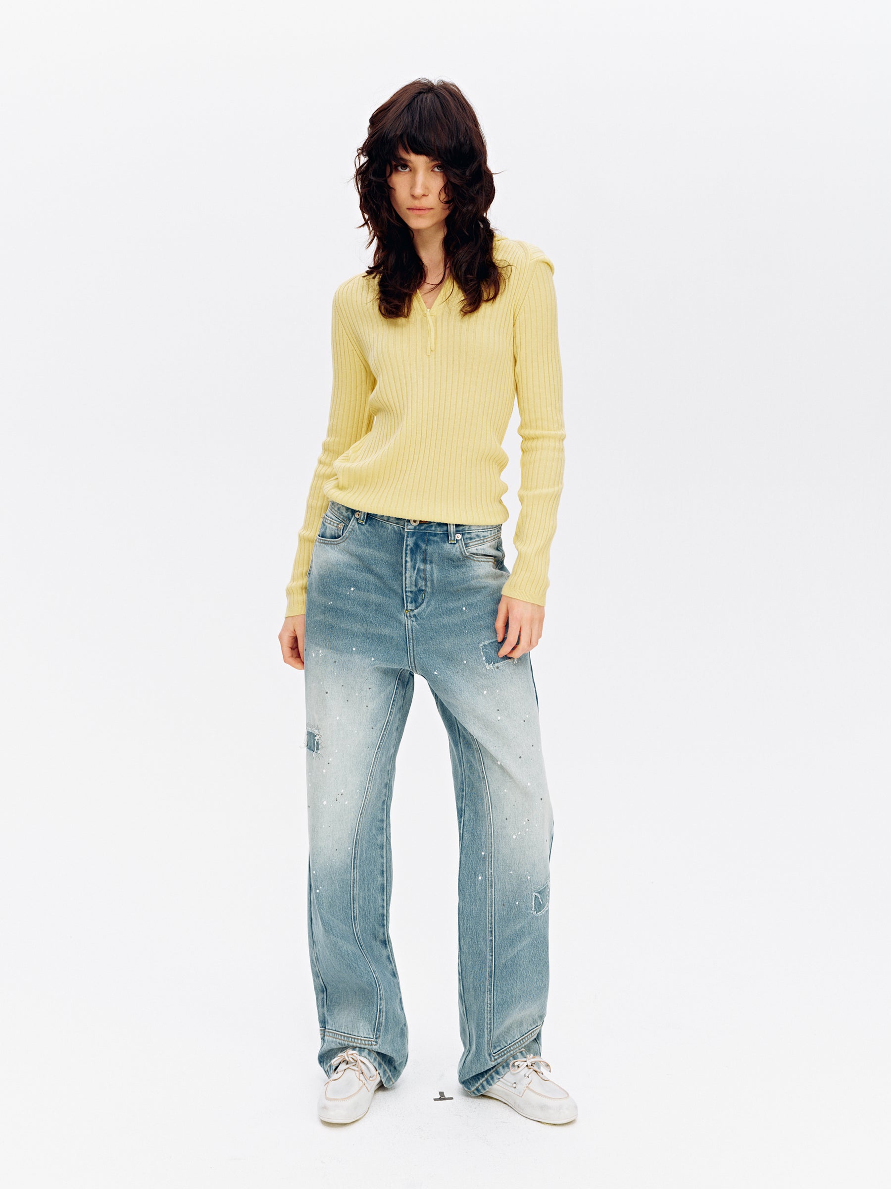 Hooded Half-Zip Ribbed Slim Fit Sweater yellow