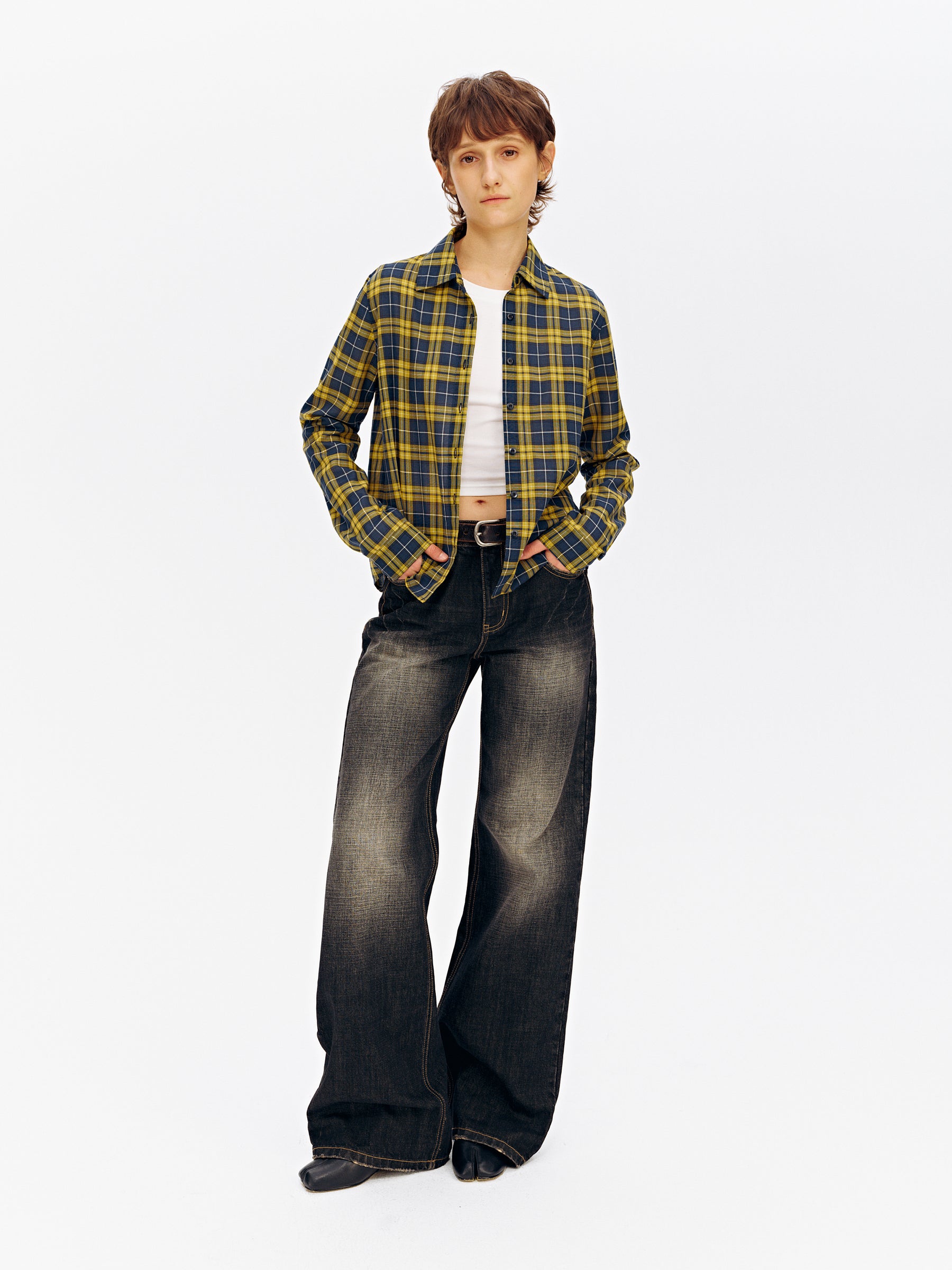 Vintage Blue & Yellow Check Casual Long-Sleeve Shirt yellow check