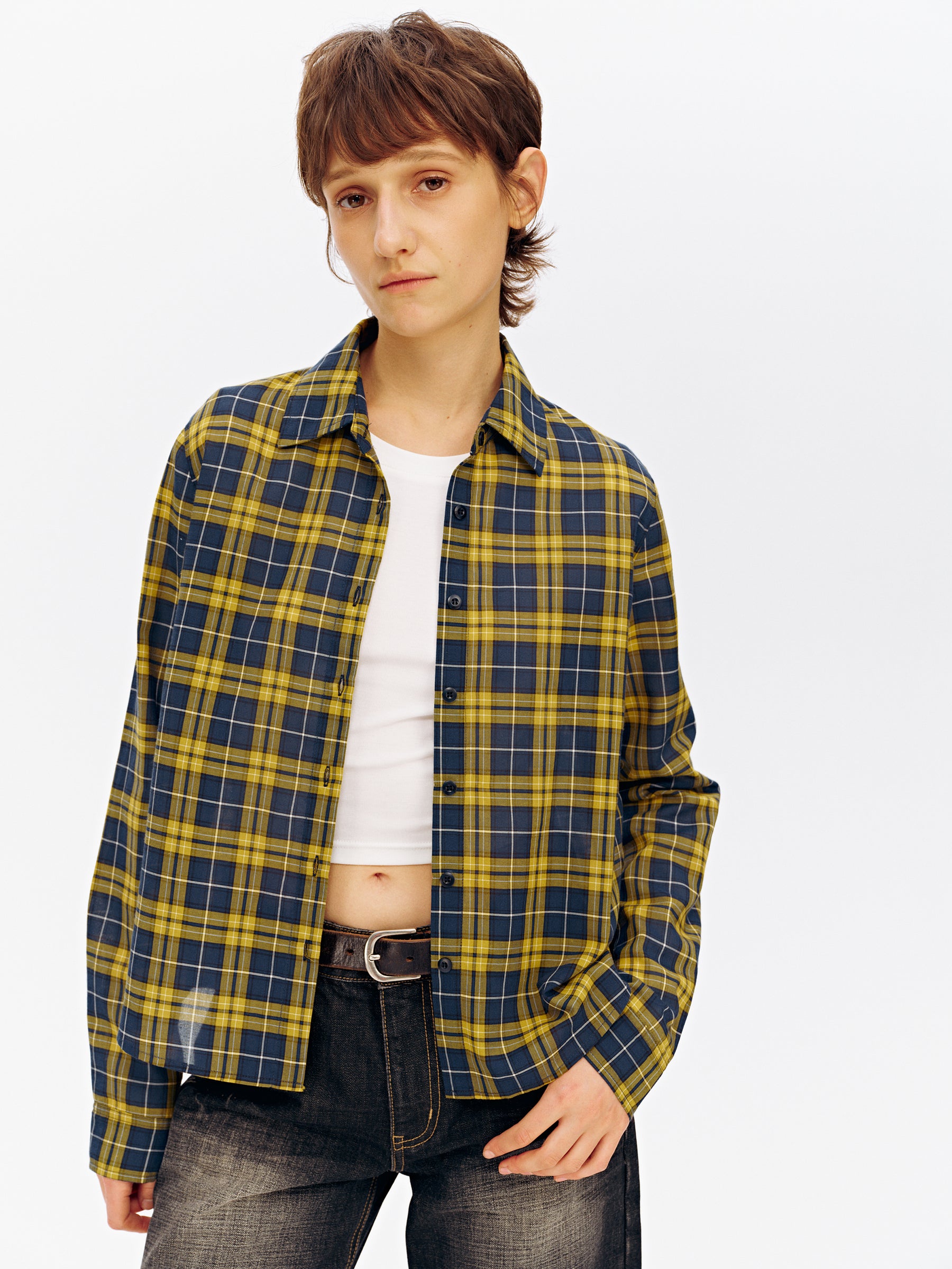 Vintage Blue & Yellow Check Casual Long-Sleeve Shirt yellow check