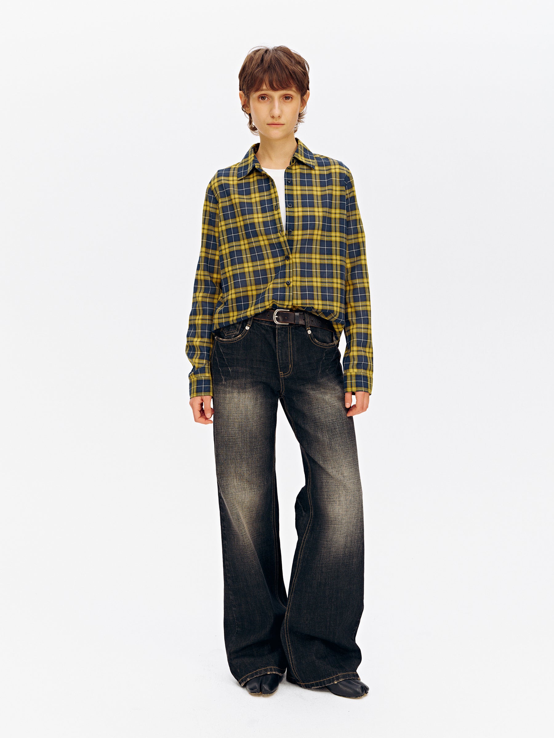 Vintage Blue & Yellow Check Casual Long-Sleeve Shirt yellow check