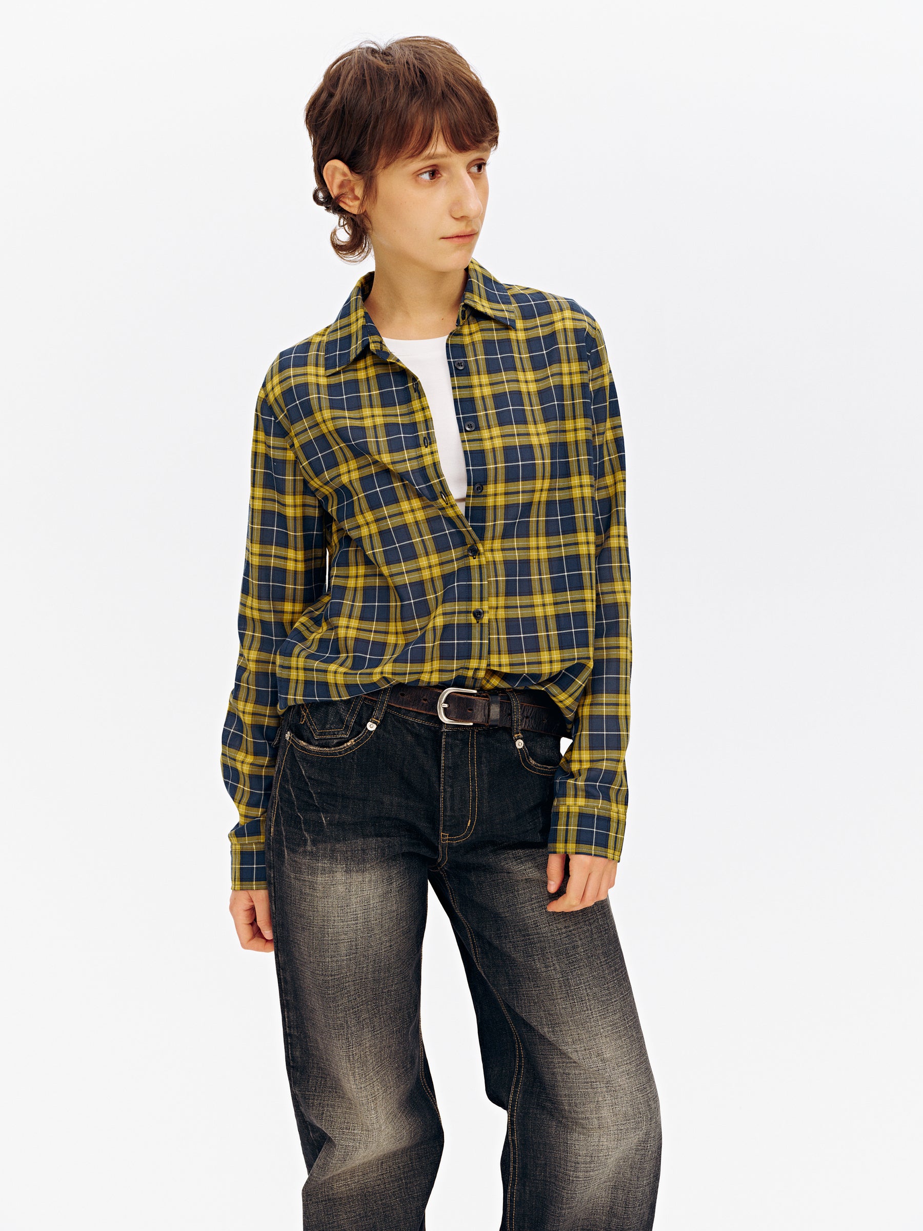 Vintage Blue & Yellow Check Casual Long-Sleeve Shirt yellow check
