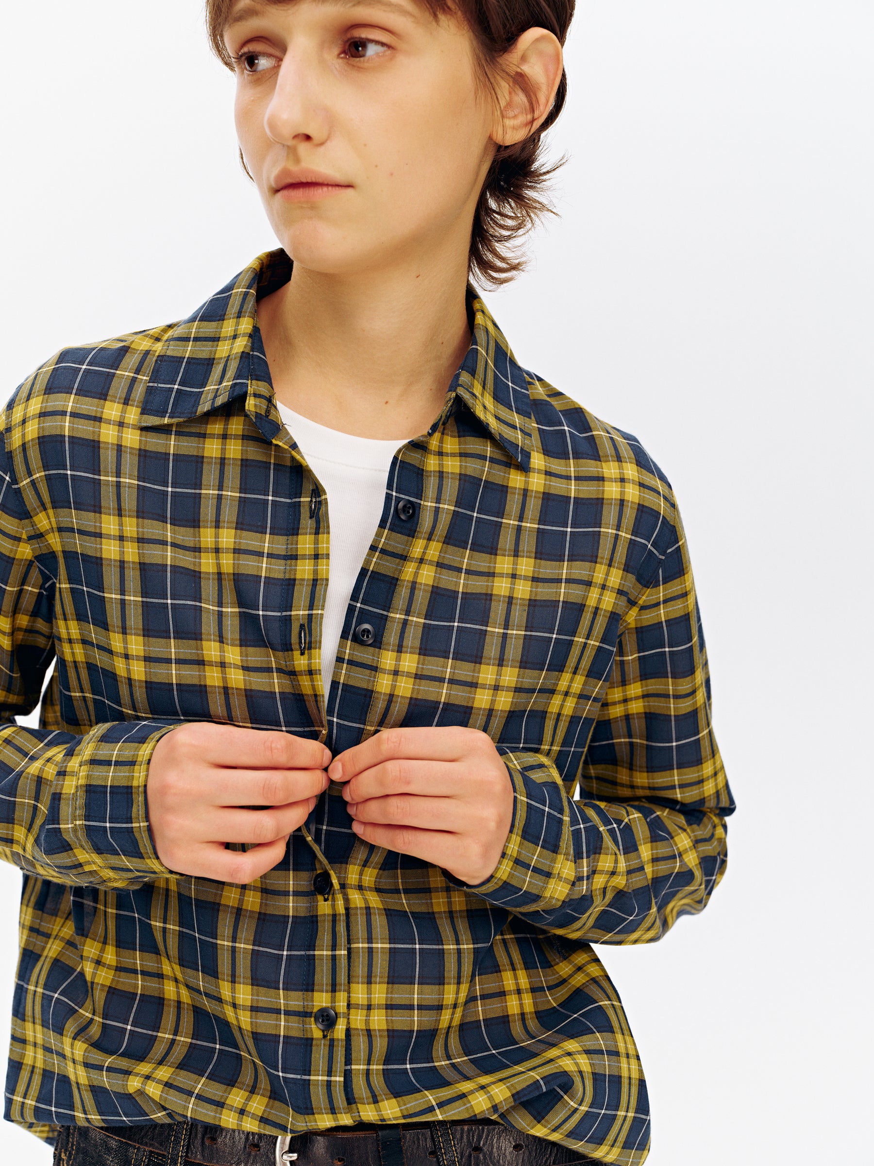 Vintage Blue & Yellow Check Casual Long-Sleeve Shirt yellow check