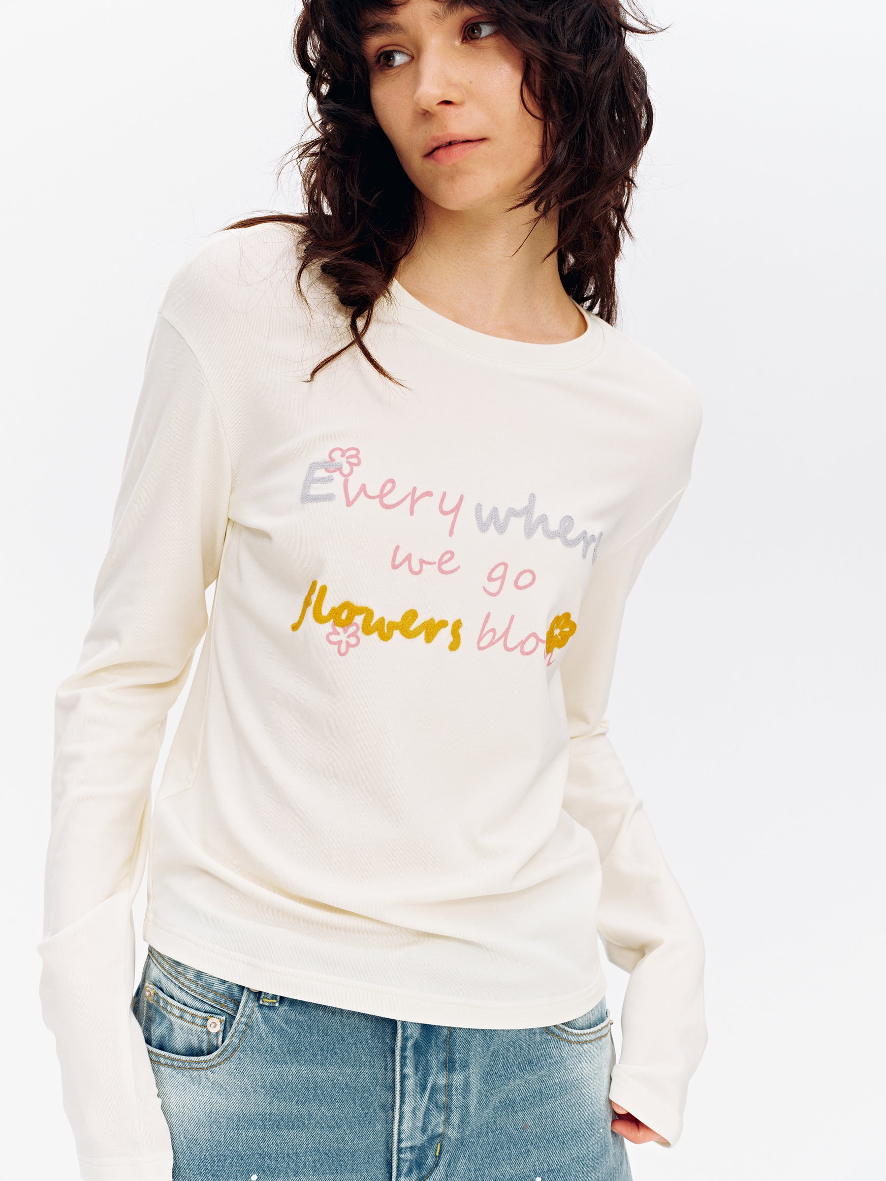 Lyocell Floral Embroidery Crewneck Long-Sleeve Top Brown