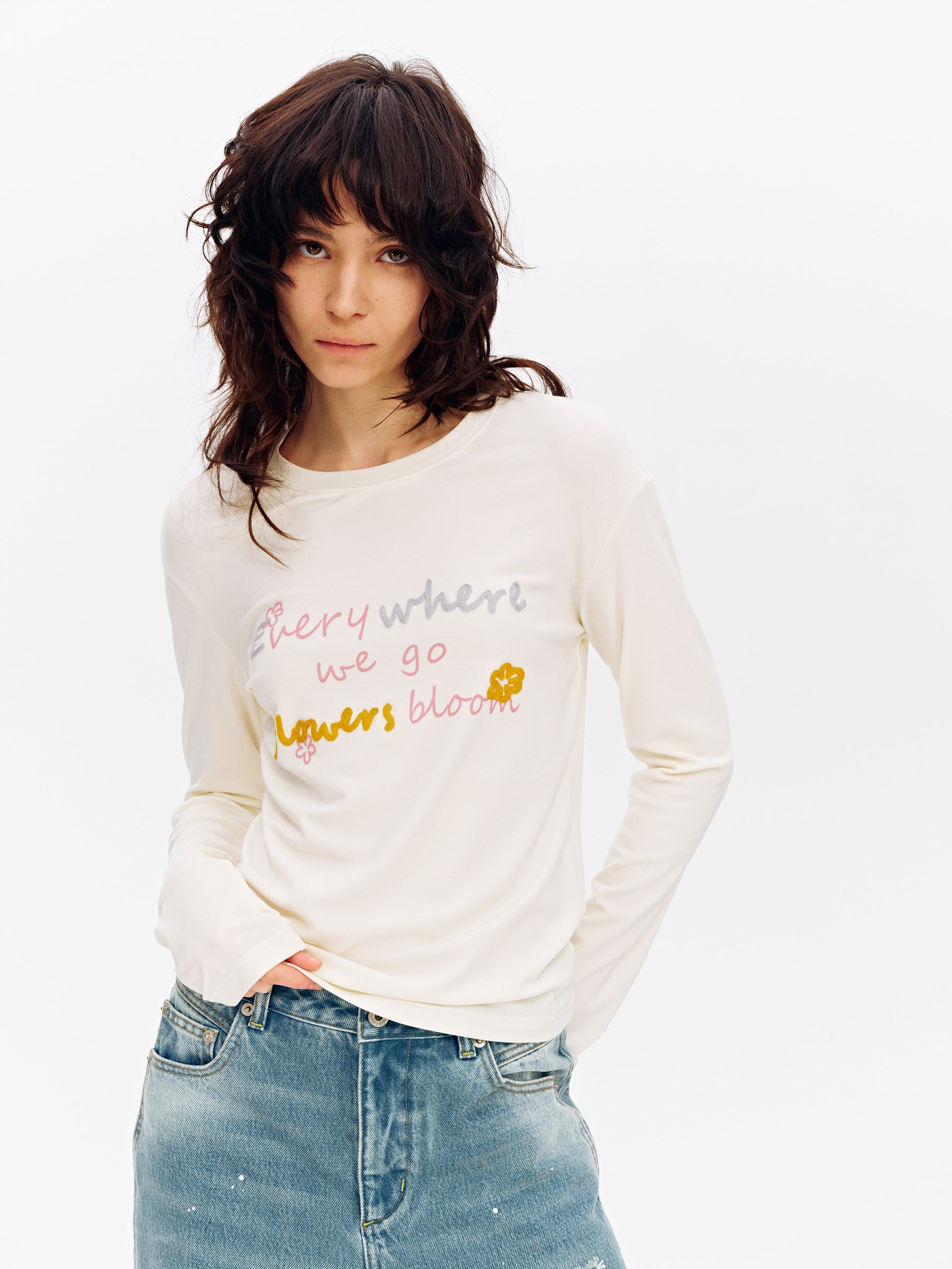 Lyocell Floral Embroidery Crewneck Long-Sleeve Top Brown