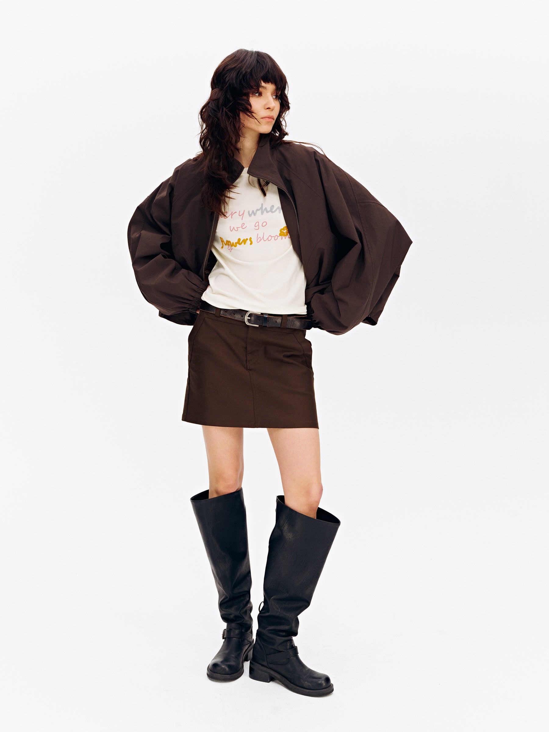 Stand Collar Batwing Sleeve Oversized Jacket Dark Brown