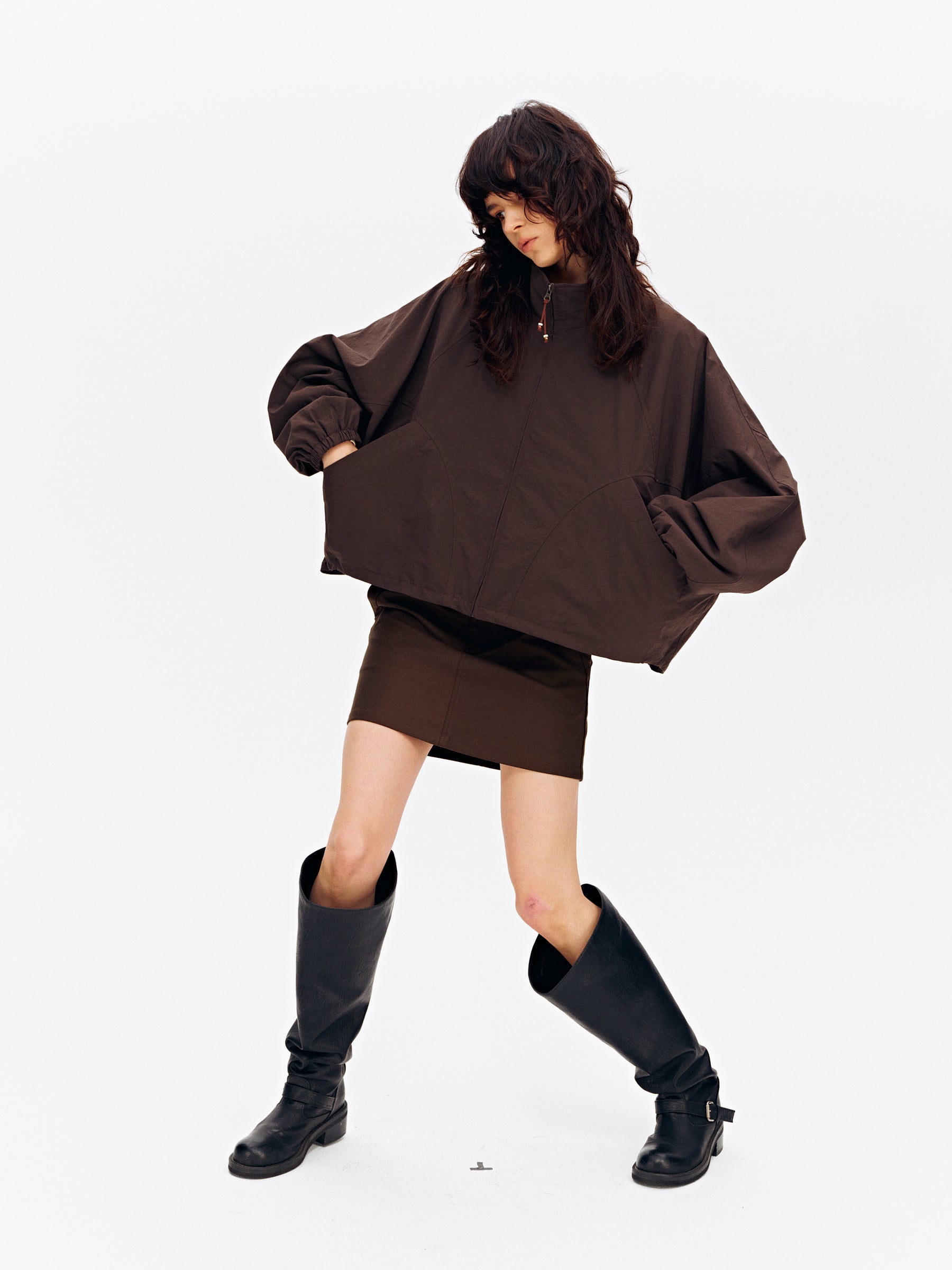 Stand Collar Batwing Sleeve Oversized Jacket Dark Brown