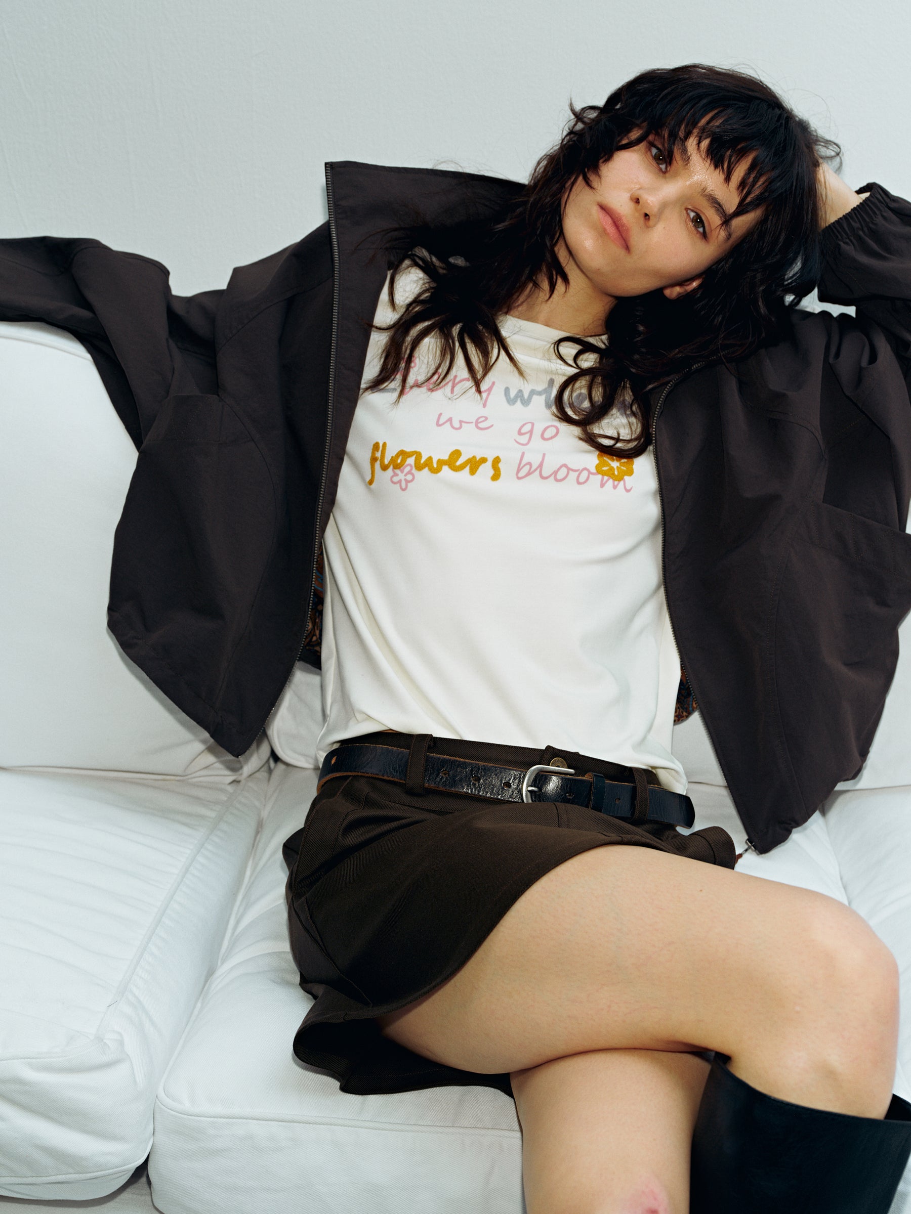 Lyocell Floral Embroidery Crewneck Long-Sleeve Top Brown