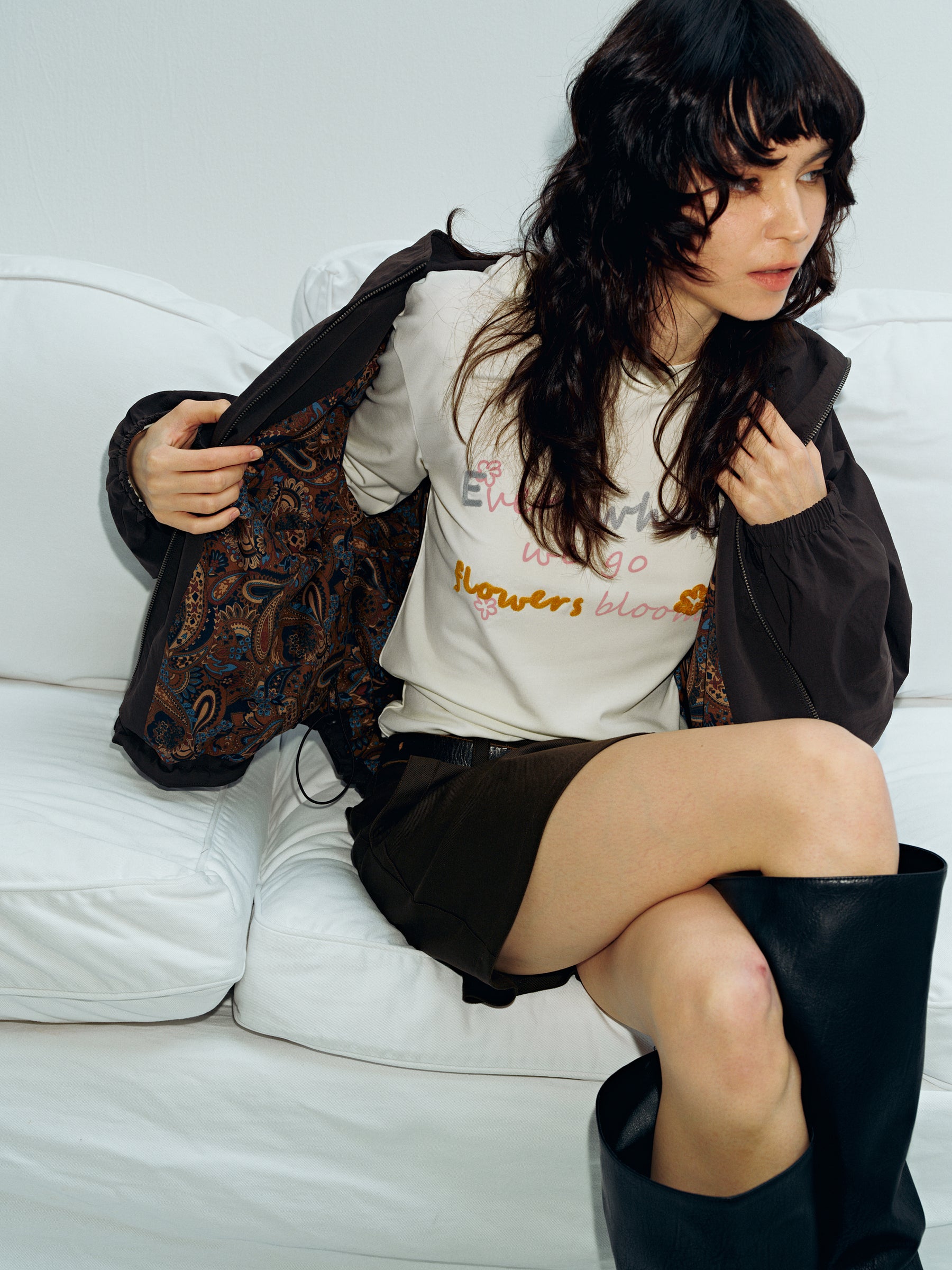 Lyocell Floral Embroidery Crewneck Long-Sleeve Top Brown
