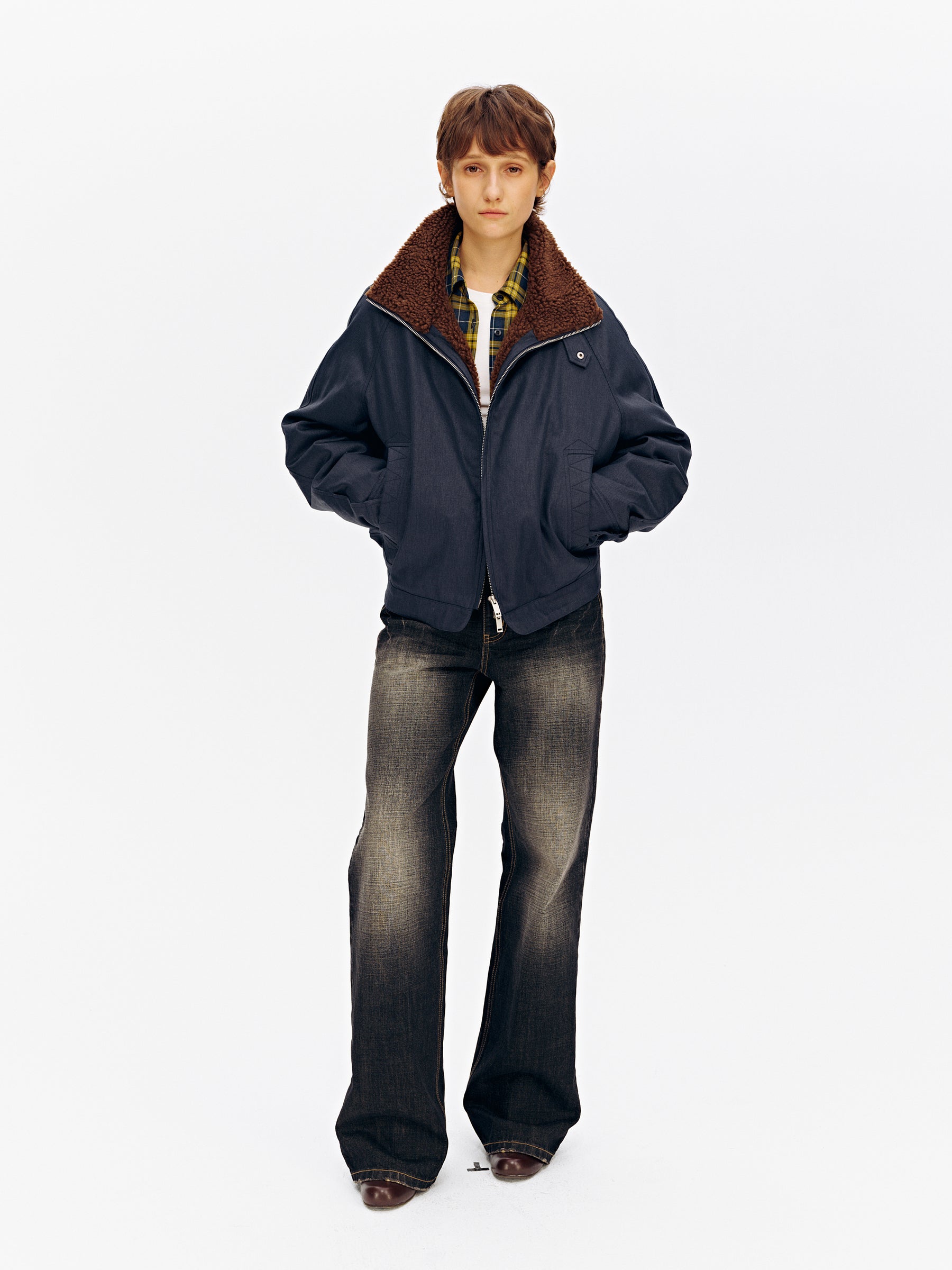 Stand Collar Patchwork Shearling Heavyweight Parka Puffer navy