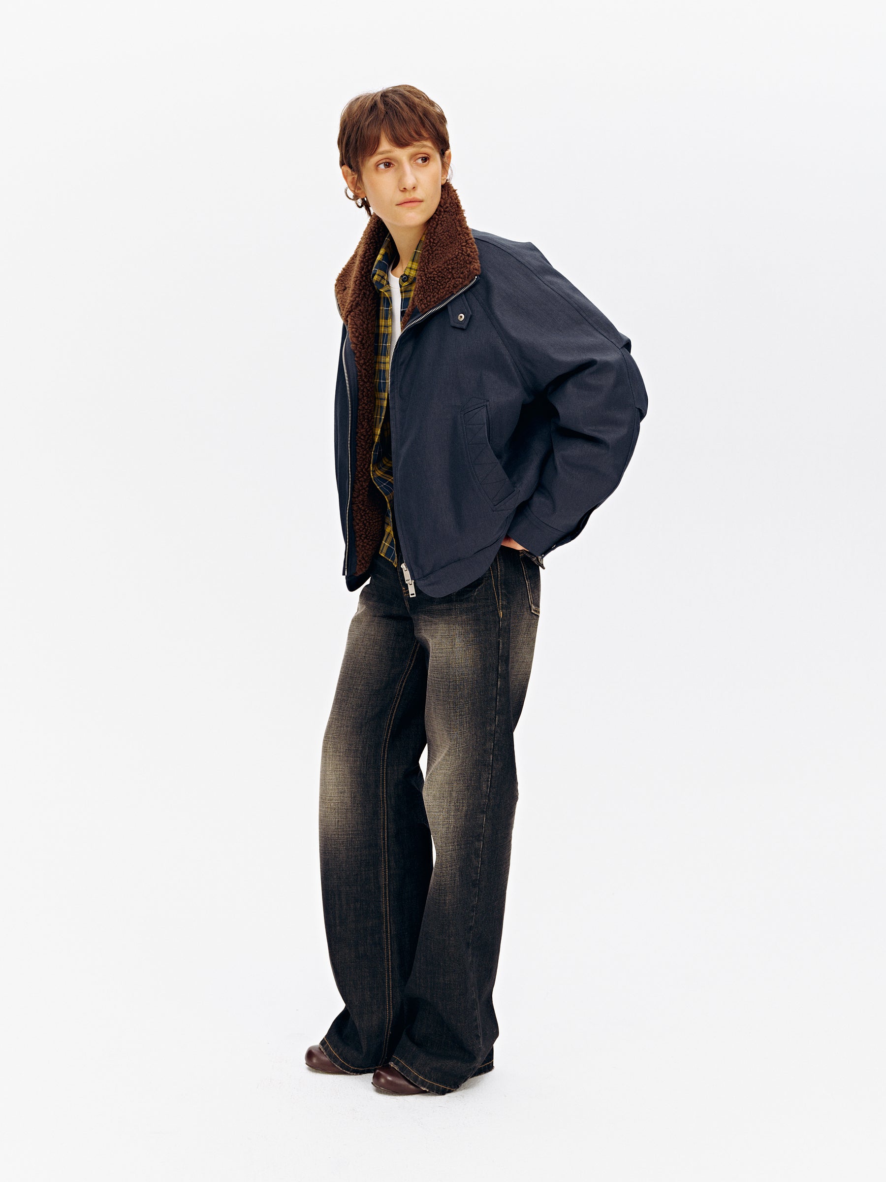 Stand Collar Patchwork Shearling Heavyweight Parka Puffer navy