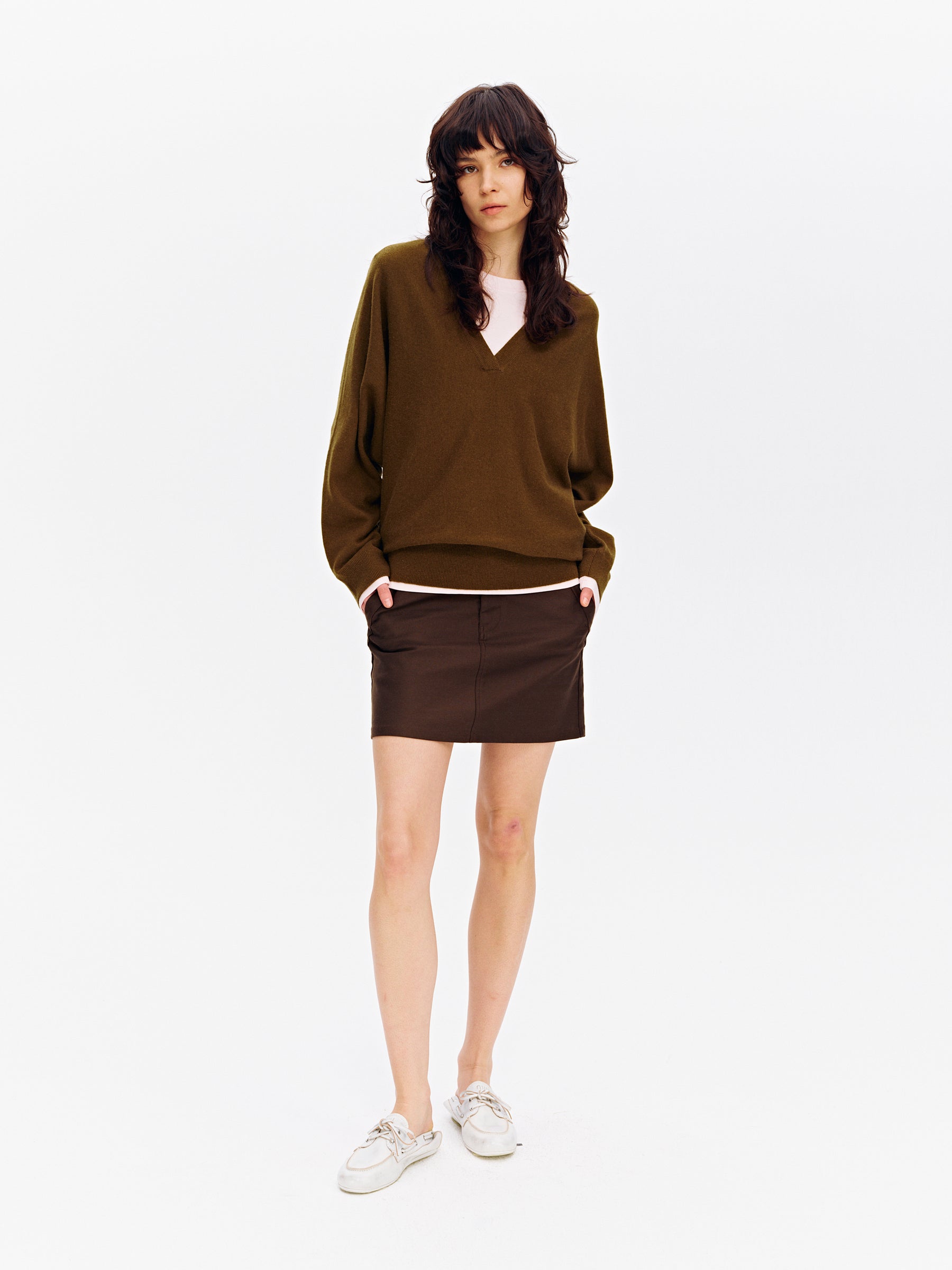 Wool Blend V-Neck Batwing Sleeve Pullover green